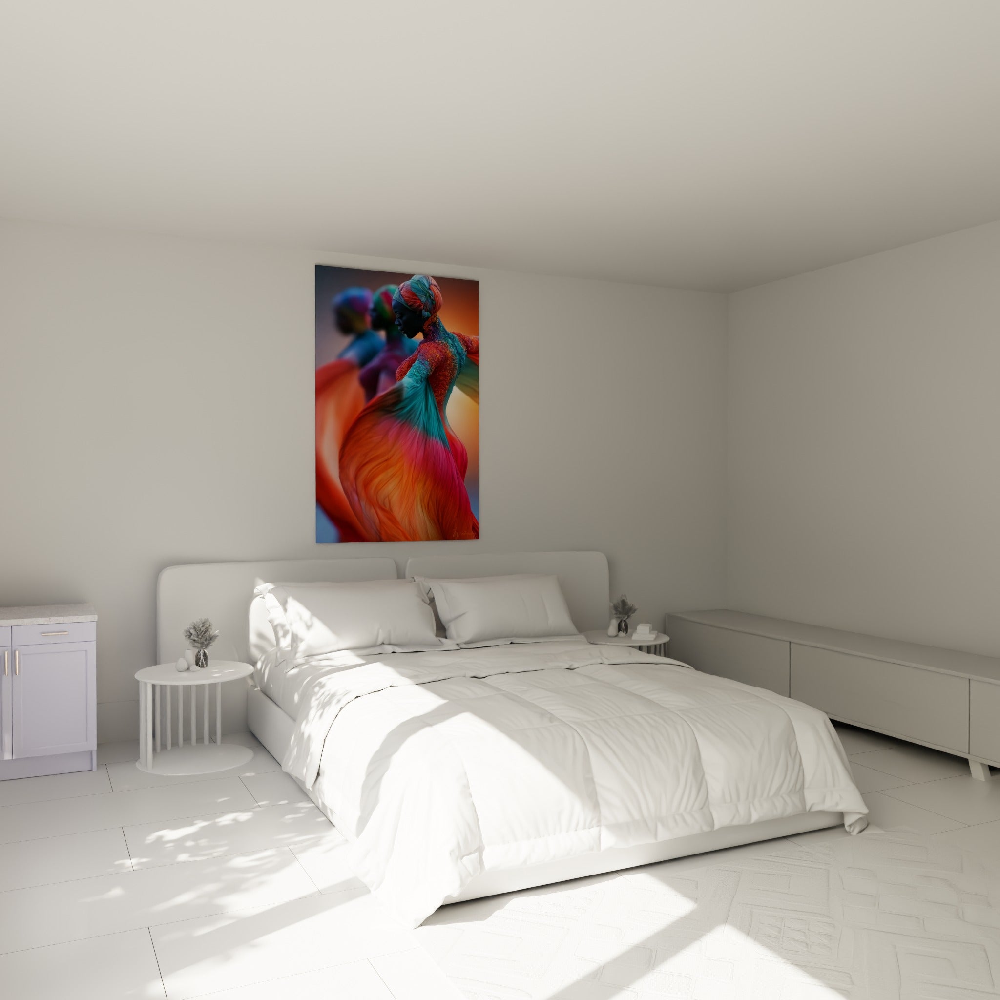 Voile orange et turquoise en plein mouvement au-dessus d'un lit dans une chambre claire