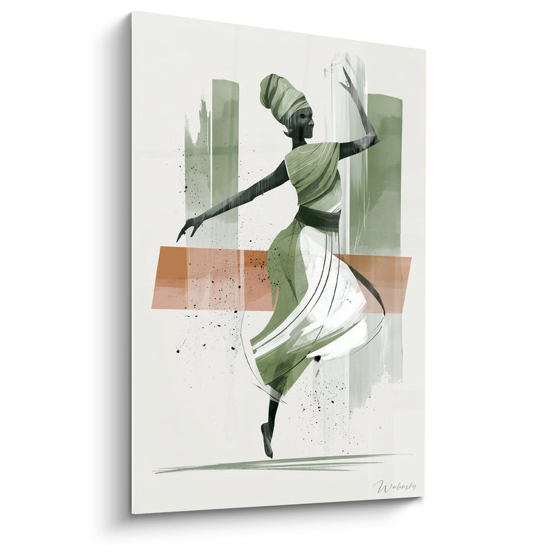 Tableau Danseuse verte et terracotta bande horizontale - Éclaboussures d'encre noire - Edition Danse africaine