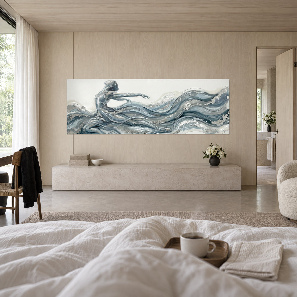 Wall art dancing silhouette in billowing veils of petrol blue and silver, thick paint ribbon, above a bed in a bright bedroom
