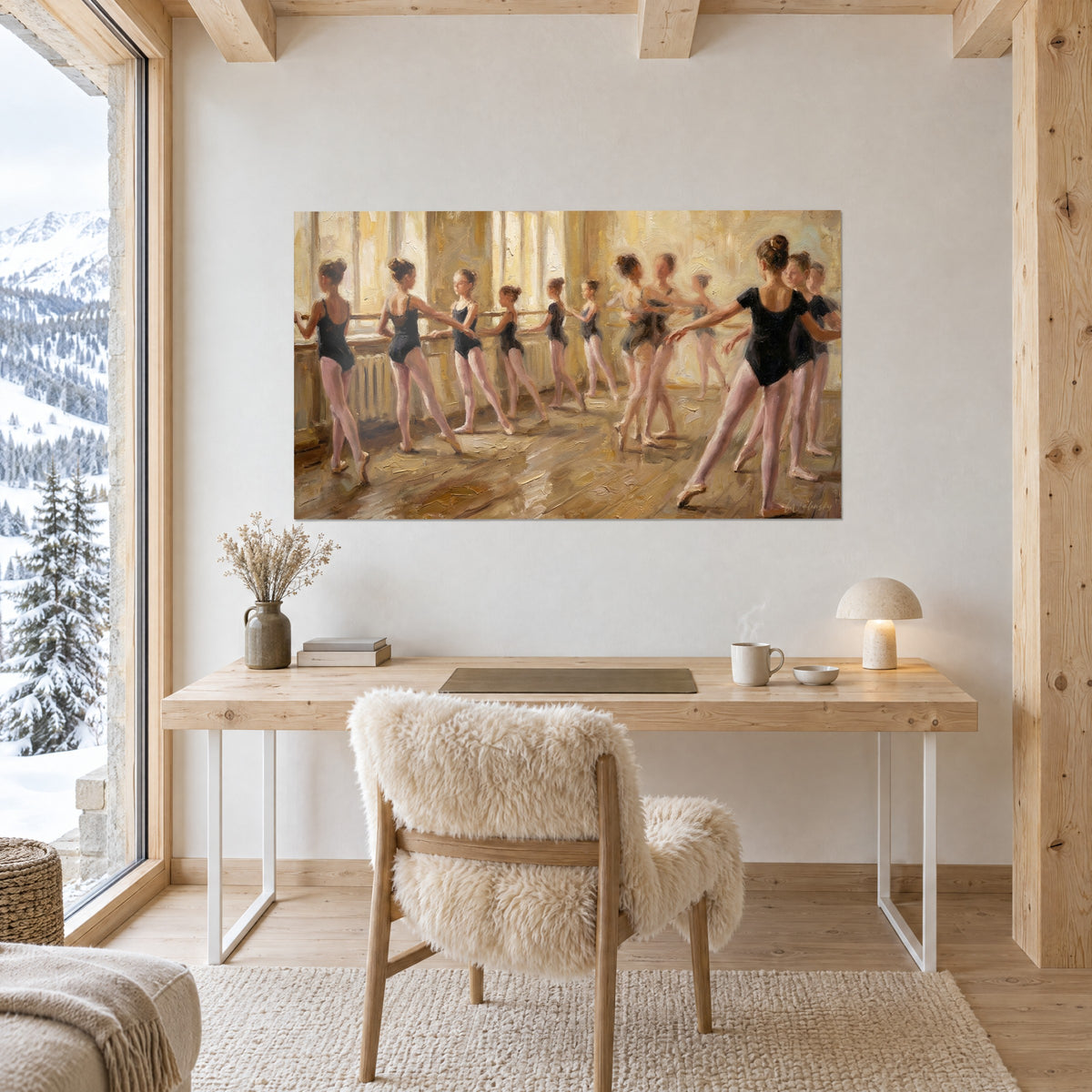 Gemälde junge Ballerinen am Fenster, schwarze Trikots und puderrosa Ballettschuhe, dicke Pinselstriche in Beige und Gelb, Holzschreibtisch