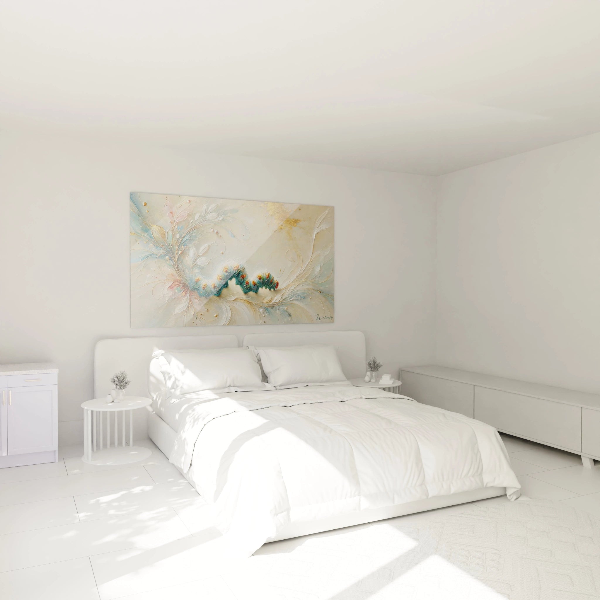 accroche au dessus du lit dans une chambre, ce tableau insecte apporte une serenite fluide et cosmique. les couleurs douces et les lignes organiques subliment la fragilite de la nature dans votre interieur.

