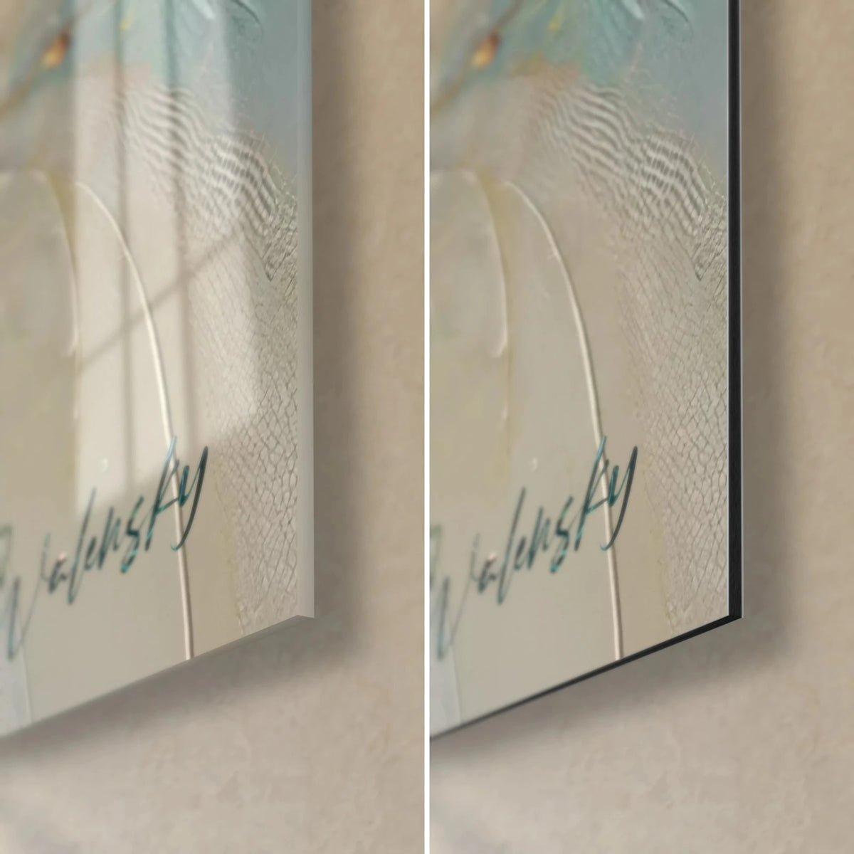 Wall art turquoise caterpillar with orange spots, bottom right corner: glossy acrylic glass with reflections on the left, matte black Dibond on the right