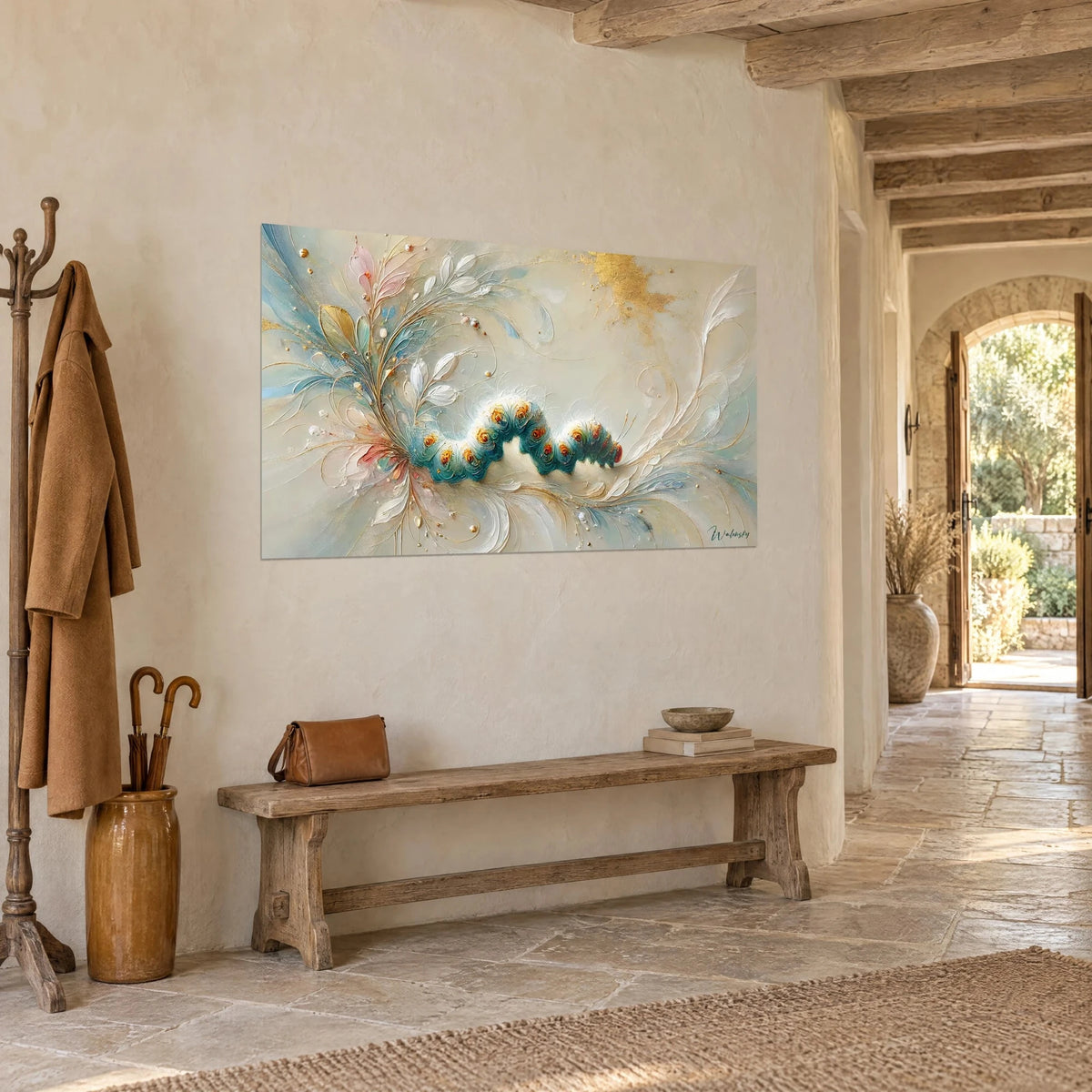 Wall art teal blue larva with orange eyespots, pale pink and gold feather stems, three-quarter view in a stone corridor