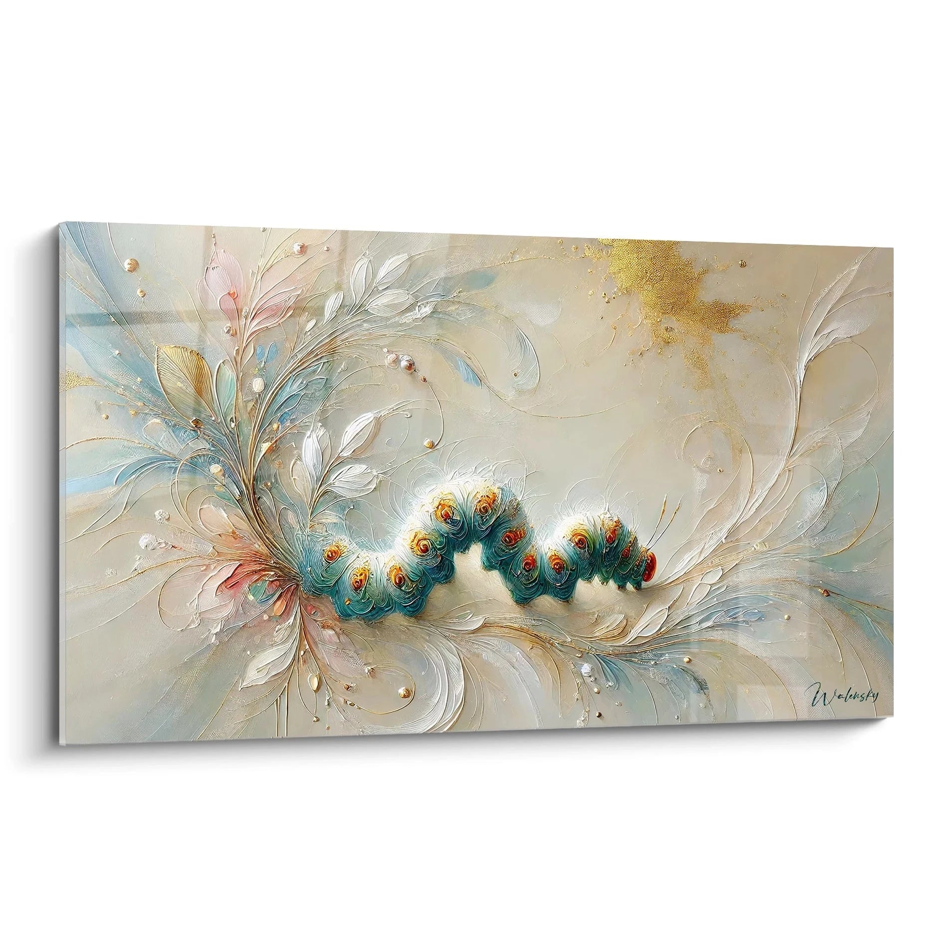 tableau insecte vue de biais : un univers ethere et mystique s ouvre a vous grace a cet insecte delicat et vibrant evoquant la beaute complexe de la nature avec des touches de bleu or et beige.

