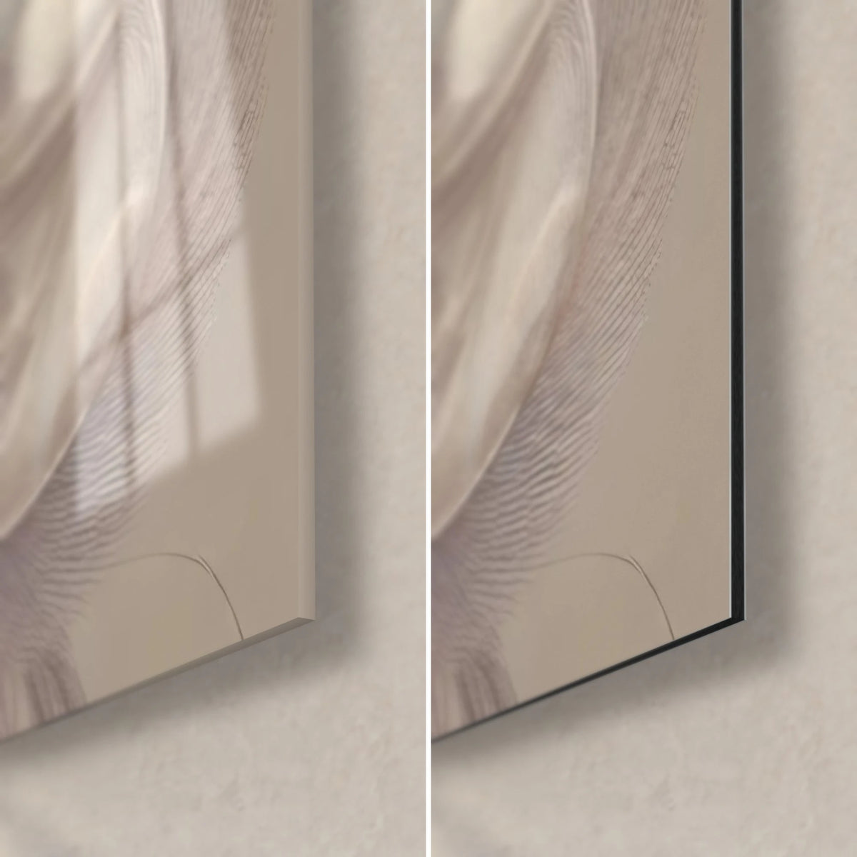 Gemälde weißer Vogel in elfenbein- und malvenfarbenem Gefieder, Ecke unten rechts: glänzendes Acrylglas und mattes Dibond-Aluminium, 3 mm Kante
