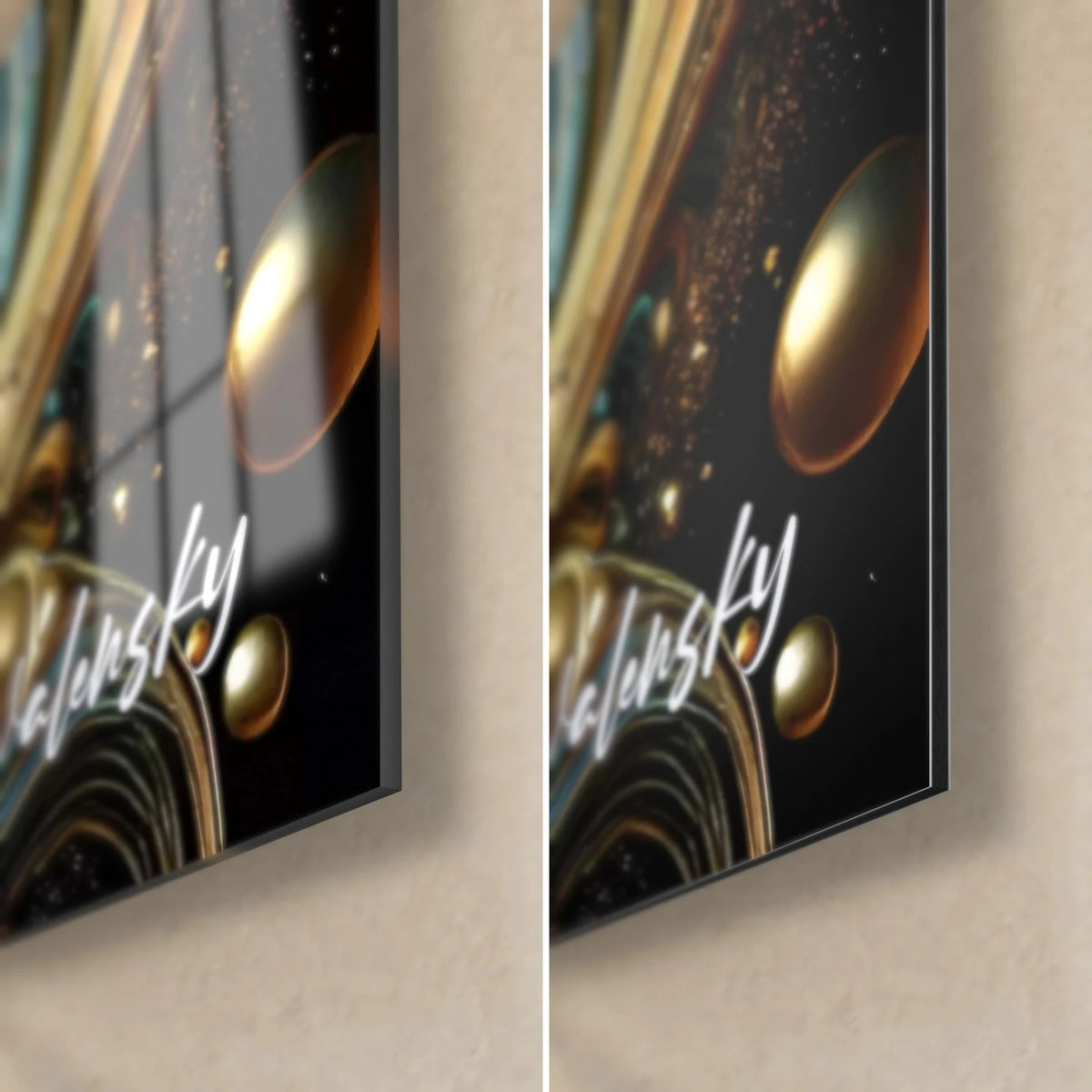 Wall art dragonfly, bottom right corner: gold bubbles and swirls on a black background, glossy acrylic glass on the left, matte Dibond aluminium on the right, 3 mm edge