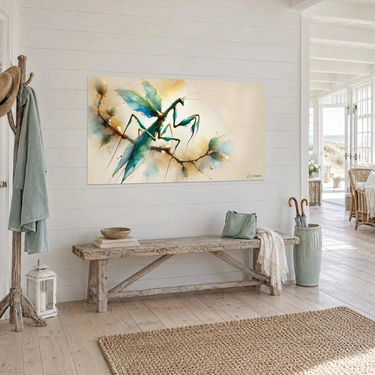 Wall art insect with turquoise and jade green wings, perched on a golden twig, cream wash, three-quarter view, beach-house vibe