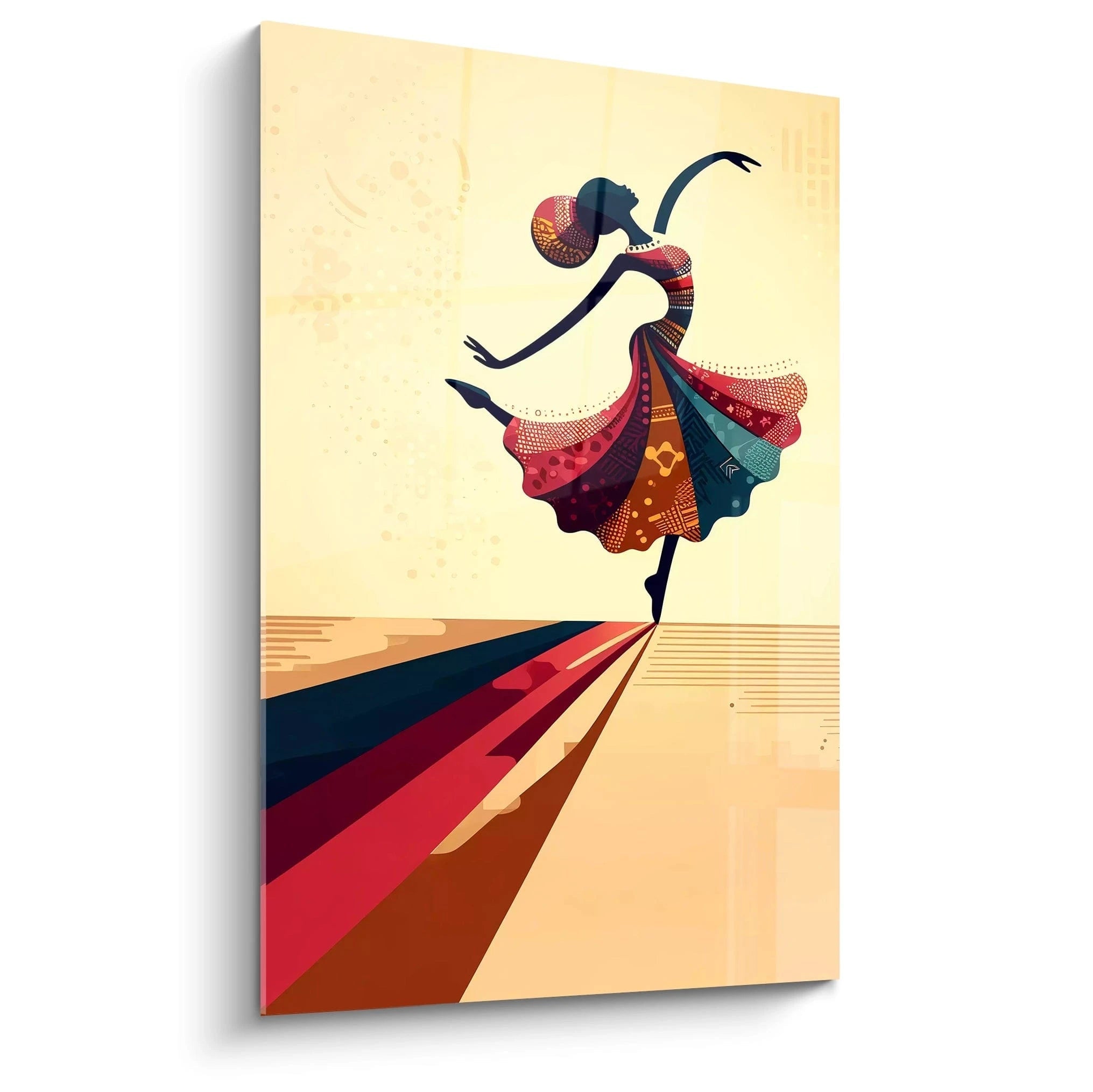Tableau africain vu de biais, la silhouette gracile contraste avec une robe rouge, jaune et marine, symbolisant la danse et la liberté, dans un style abstrait énergique et vibrant.


