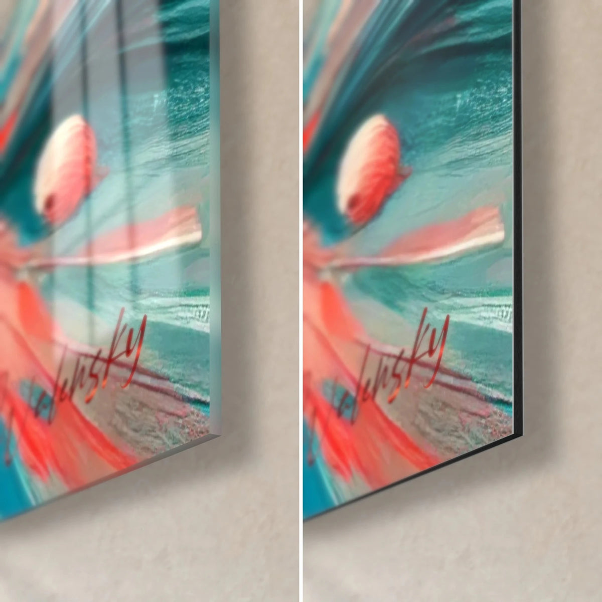 Gemälde mit mit dem Spachtel gemalten scharlachroten Panzer, untere rechte Ecke: glänzendes Glas mit Reflexen, mattes türkisfarbenes Dibond, 3 mm Kante