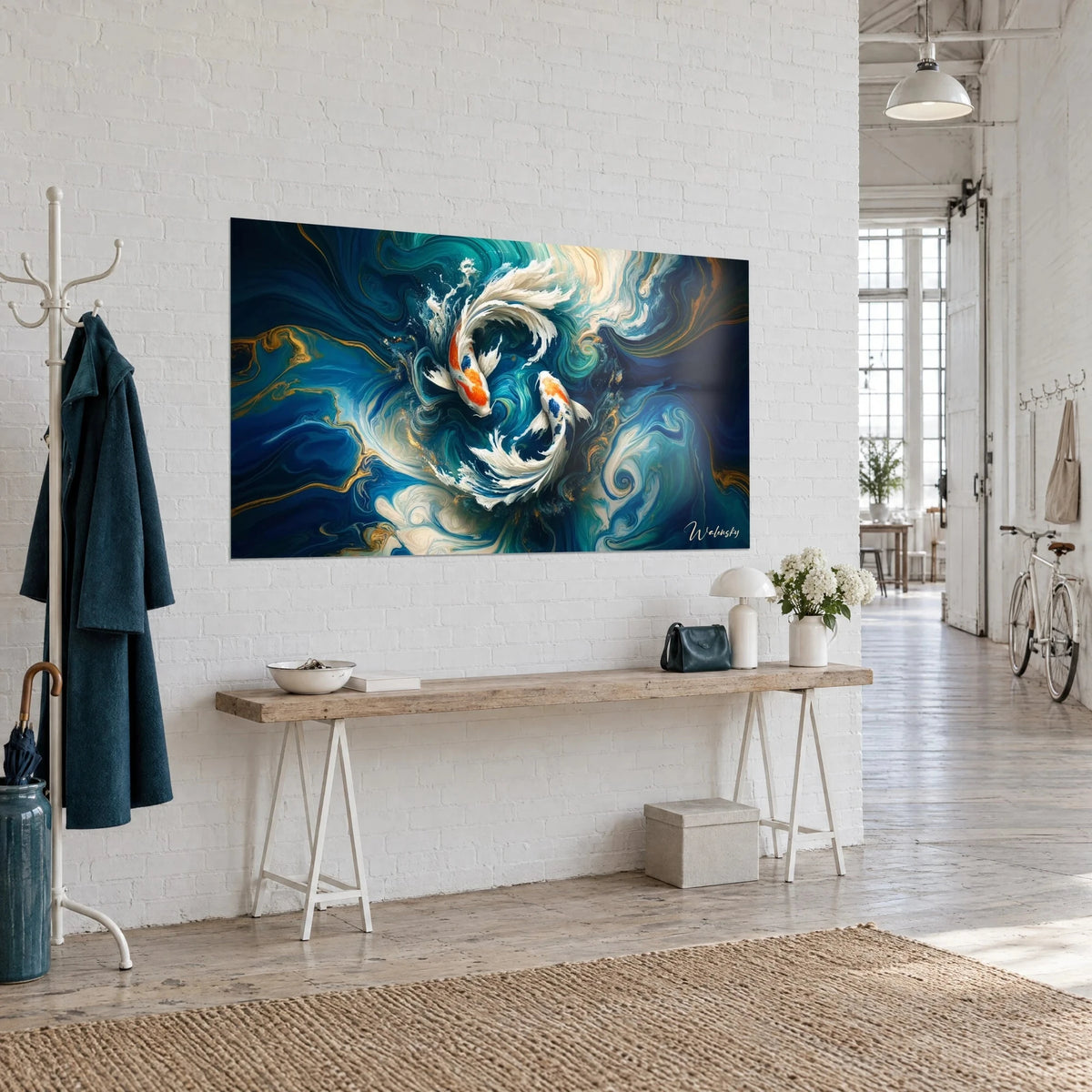 Quadro pesci giapponesi dalle pinne velate color crema che danzano su sfondo turchese e oro, appeso sopra una console in legno