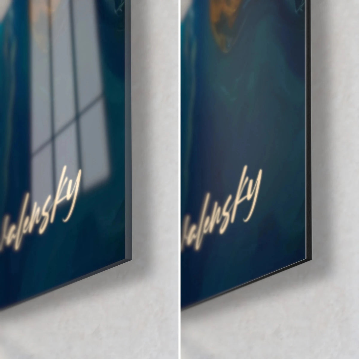 Quadro carpe koi in un vortice blu navy e oro, angolo in basso a destra: vetro acrilico lucido con riflessi, Dibond opaco, spessore 3 mm