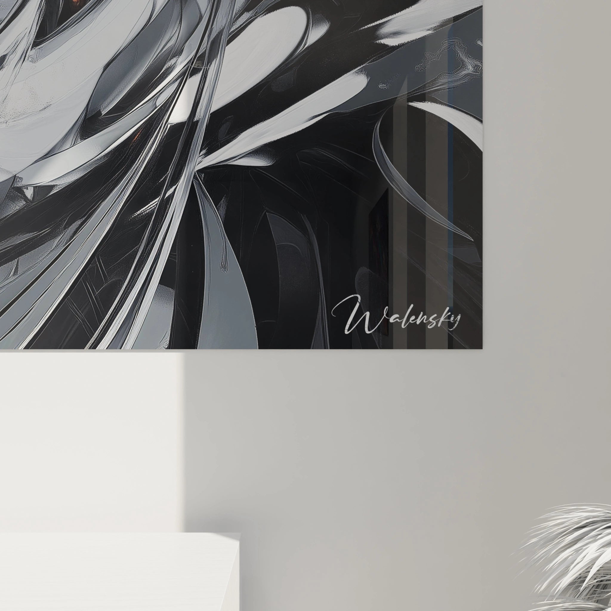 Un tableau abstrait spirale aux couleurs contrastées noir et blanc, rehaussé d'accents orange dynamiques. La composition circulaire crée une impression de rotation continue, tandis que les textures variées et les effets de superposition ajoutent de la profondeur à cette œuvre tourbillonnante.
