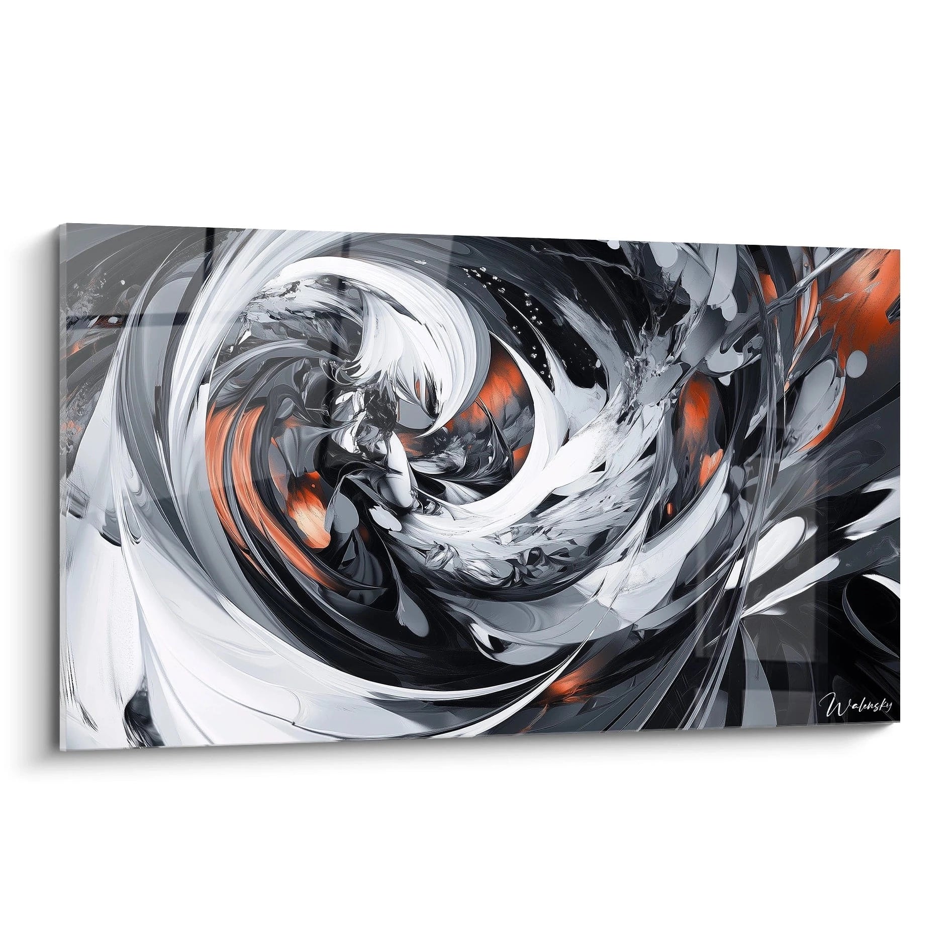 Un tableau abstrait spirale présentant un mouvement tourbillonnant de noir profond et blanc pur, ponctué d'éclats orange vif. Les textures fluides créent une impression de profondeur et de rotation continue, avec des contrastes saisissants entre zones claires et obscures.
