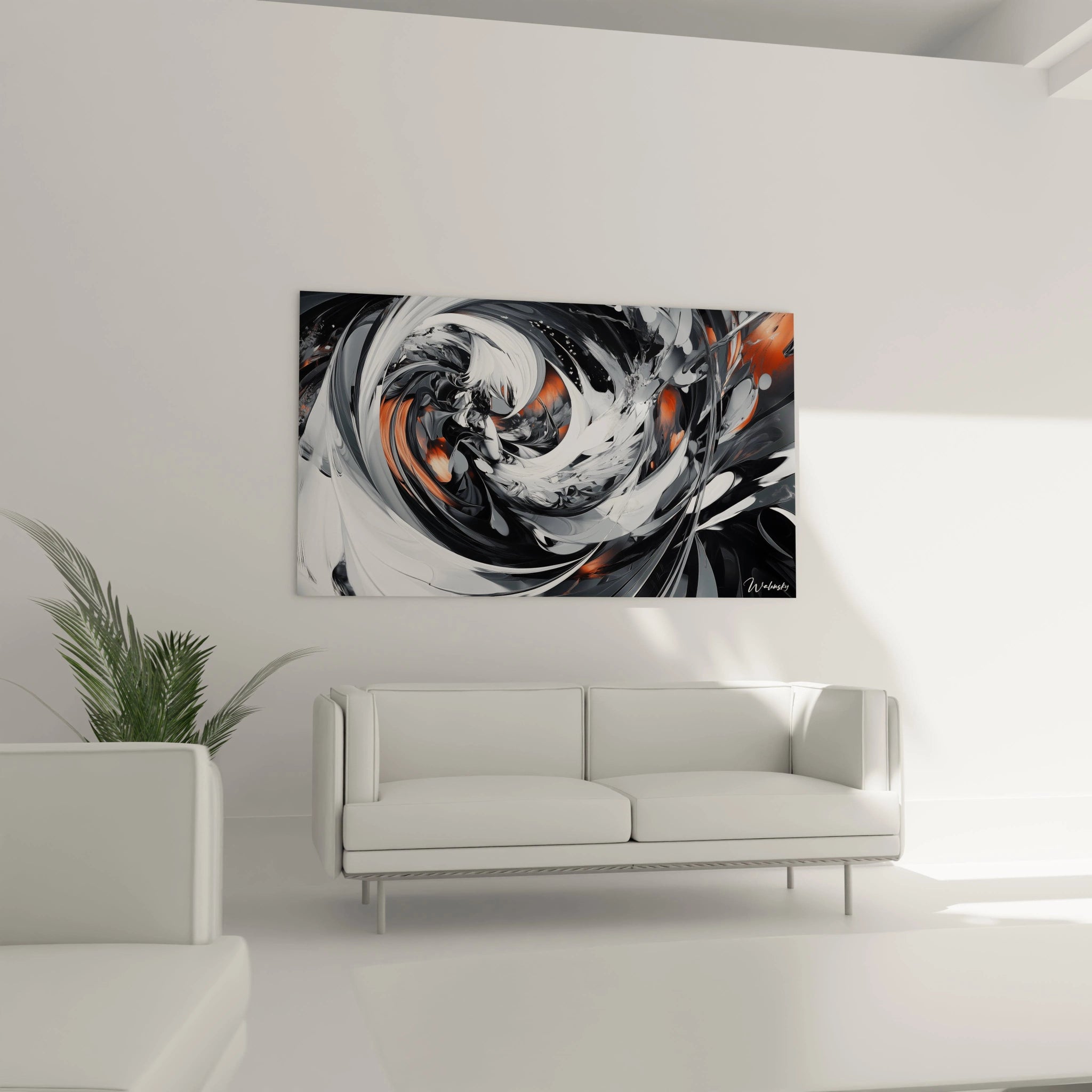 Un tableau abstrait spirale composé de courbes fluides blanches sur fond noir avec des touches d'orange vibrantes. L'œuvre présente un effet de tourbillon hypnotique grâce à des textures lisses et des transitions entre zones sombres et lumineuses créant une sensation de mouvement.
