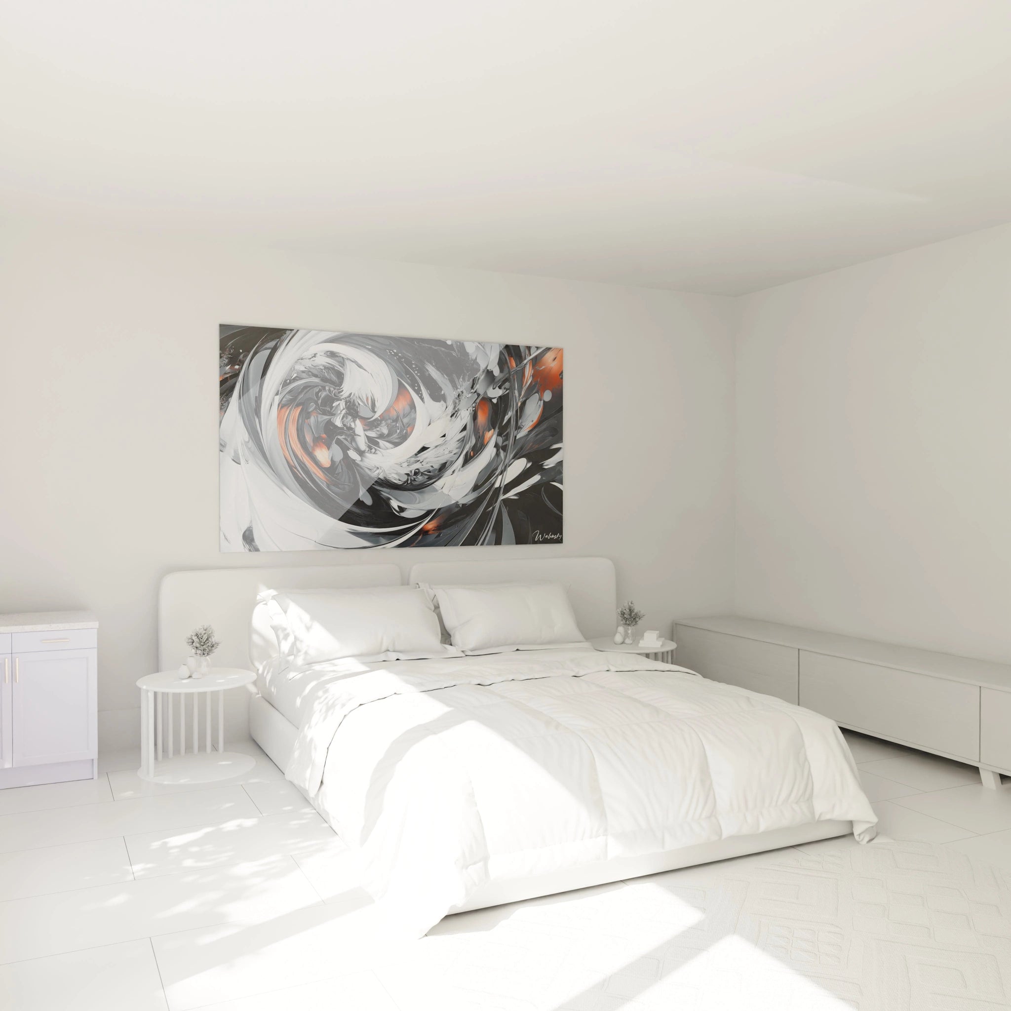 Un tableau abstrait spirale en noir, blanc et orange où les formes tourbillonnantes créent une sensation de mouvement perpétuel. Les coups de pinceau dynamiques génèrent une texture fluide tandis que les contrastes marqués accentuent la profondeur du vortex central.
