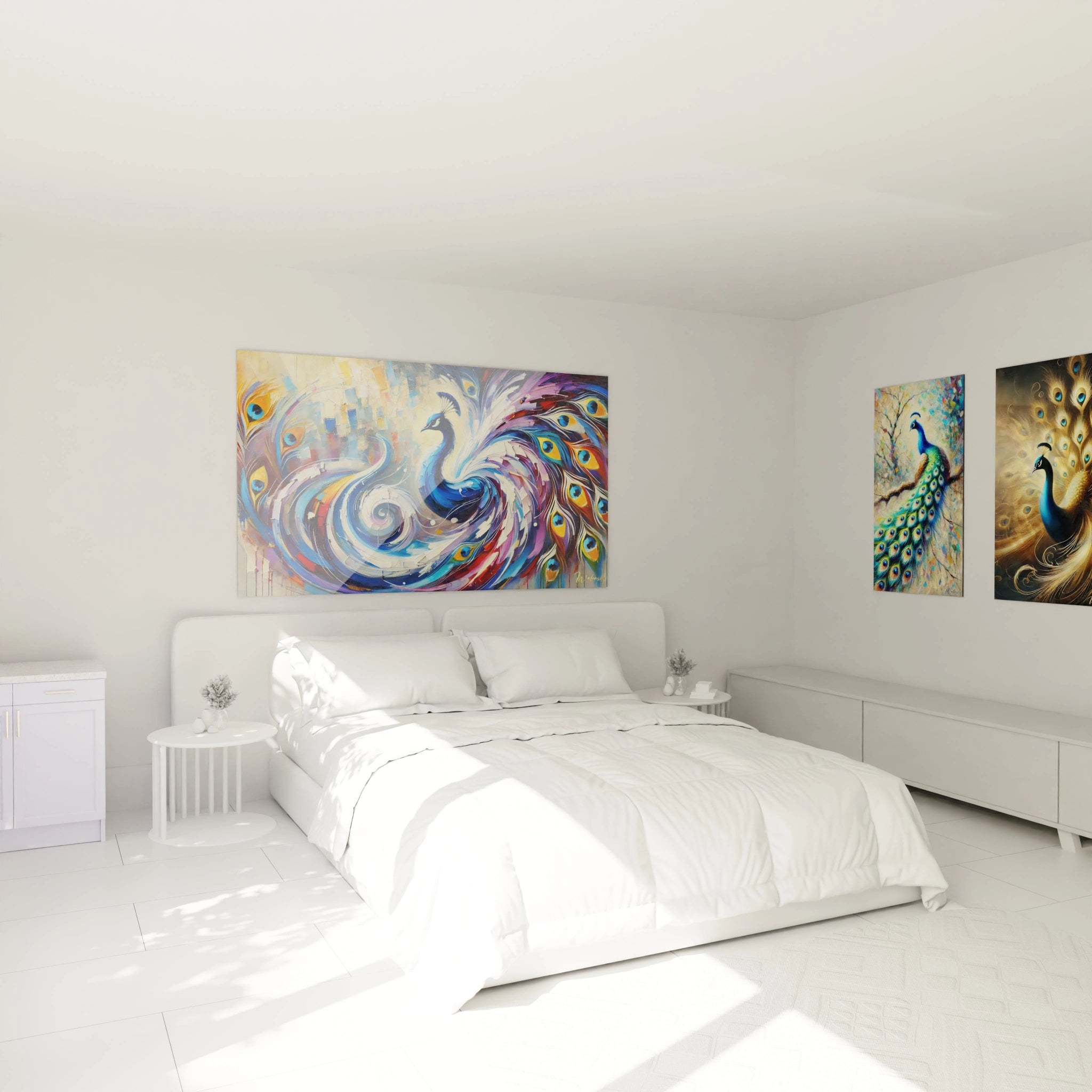 Accroché au-dessus du lit, ce tableau paon ajoute une touche majestueuse à votre chambre. Ses tons de bleu et violet créent une ambiance apaisante, idéale pour un espace de détente raffiné.