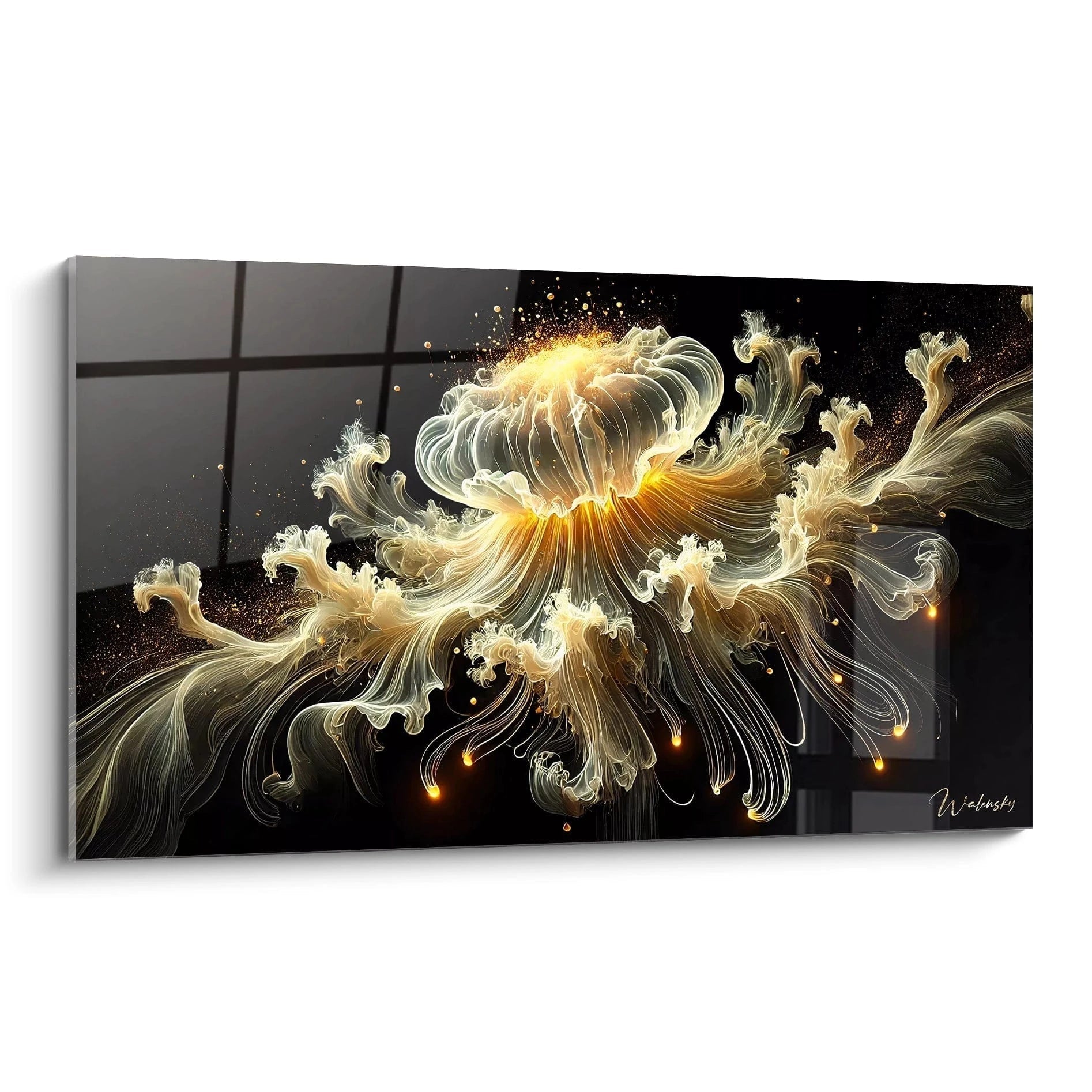 Ce tableau méduse révèle une beauté mystique avec ses tentacules tourbillonnantes. Les nuances dorées et crémeuses éclatent sur le fond sombre, créant une ambiance énigmatique et lumineuse.

