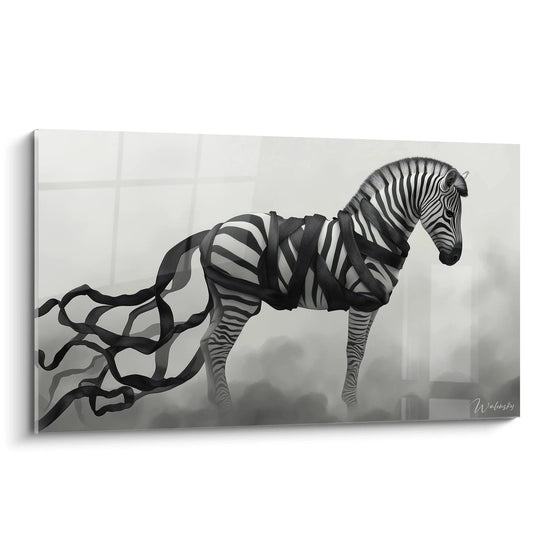 Ein abstraktes surrealistisches Gemälde, das ein Zebra in Schwarz und Weiß darstellt, das von fließenden schwarzen Bändern umhüllt ist, auf einem nebligen grauen Hintergrund. Glatte Texturen und kontrastierende Töne dominieren die Komposition.


