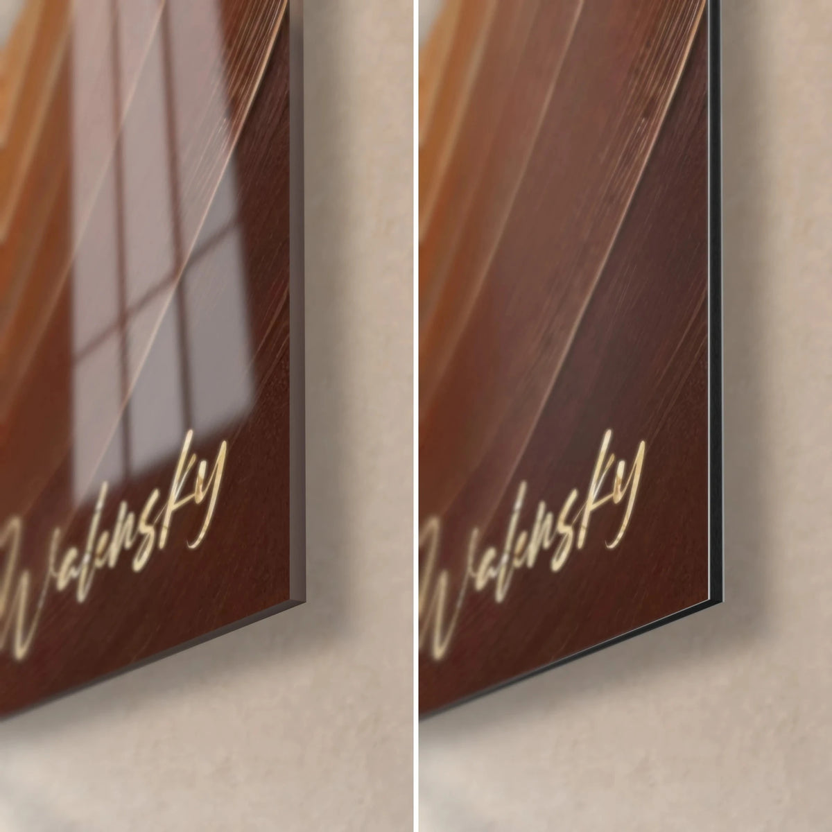 Schilderij gouden boom in gestructureerde verf, rechtsonder: glanzend acrylglas links, mat Dibond rechts, handtekening Walensky