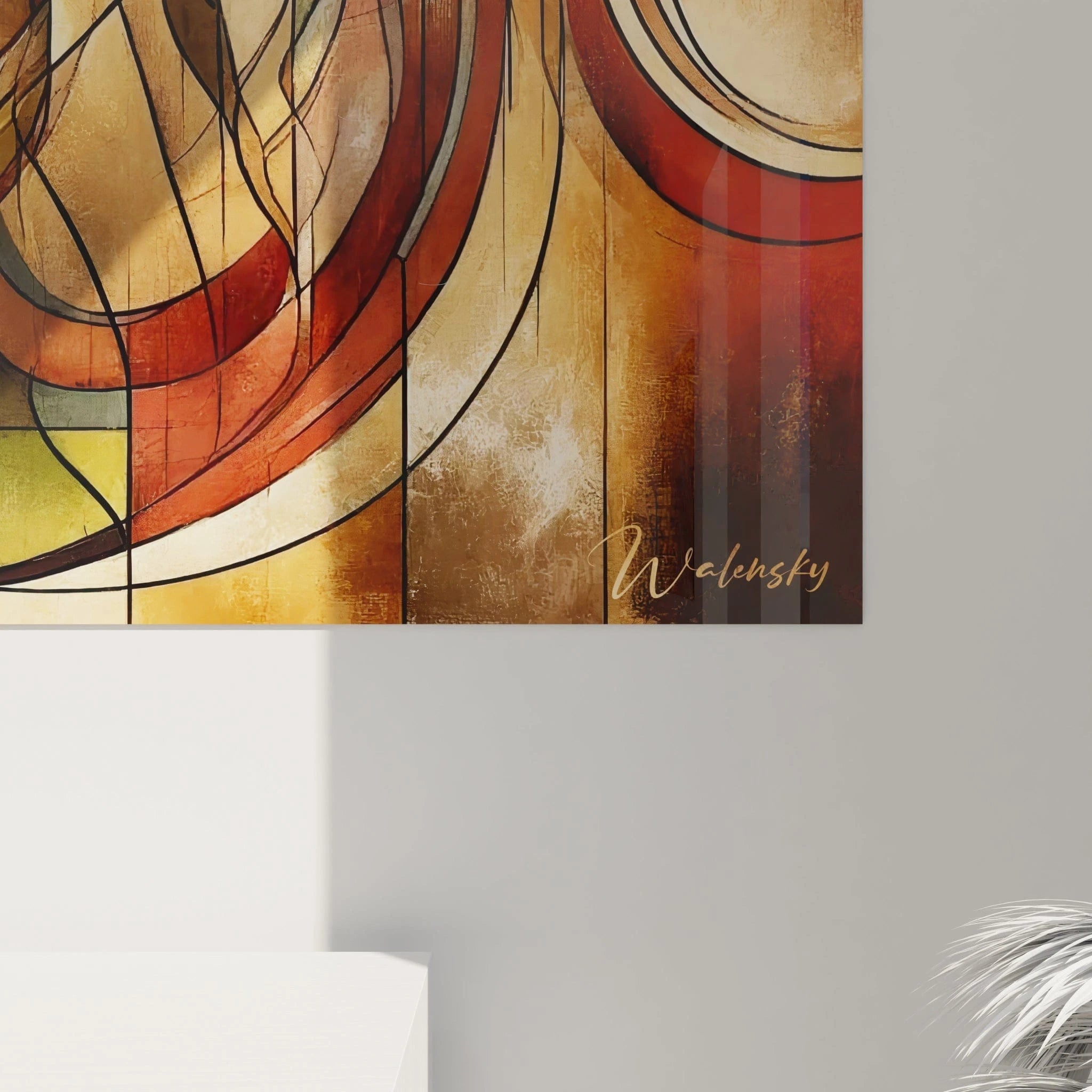 Un tableau abstrait cubiste aux formes humaines fragmentées. Utilise une palette de rouge brique, ocre, vert olive et beige. La texture présente des sections délimitées par des lignes noires, avec des cercles concentriques et des silhouettes allongées qui s'entrecroisent, créant une composition compartimentée aux allures de vitrail moderniste.
