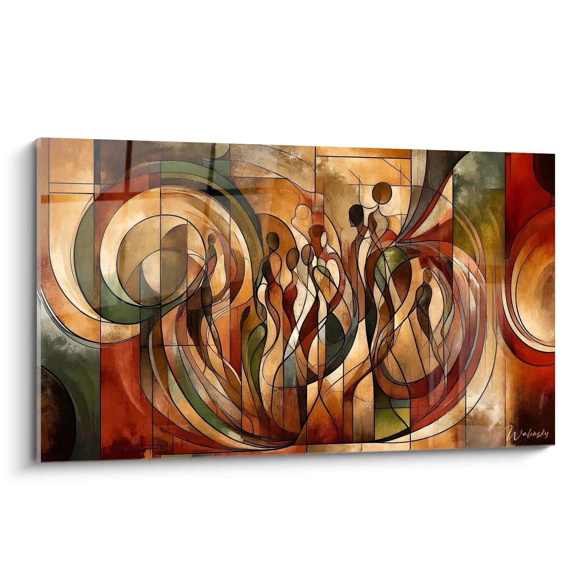 Un tableau abstrait de silhouettes humaines stylisées entrelacées de formes circulaires. Dominé par des teintes ocre, terracotta, vert olive et beige. La texture présente des surfaces segmentées par des lignes noires formant des sections géométriques, avec des effets de transparence et de superposition des formes.
