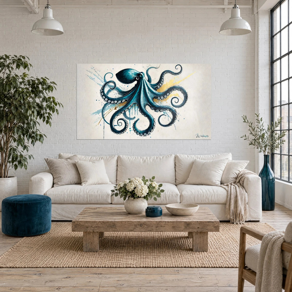 Tableau poulpe aux huit bras spiralés bleu pétrole sur fond crème, éclaboussures dorées, au-dessus d'un canapé dans un salon lumineux