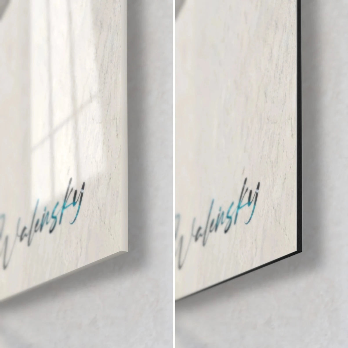 Tableau pieuvre en aquarelle, signature Walensky au coin bas droit : verre acrylique brillant à gauche, Dibond mat noir et tranche de 3 mm