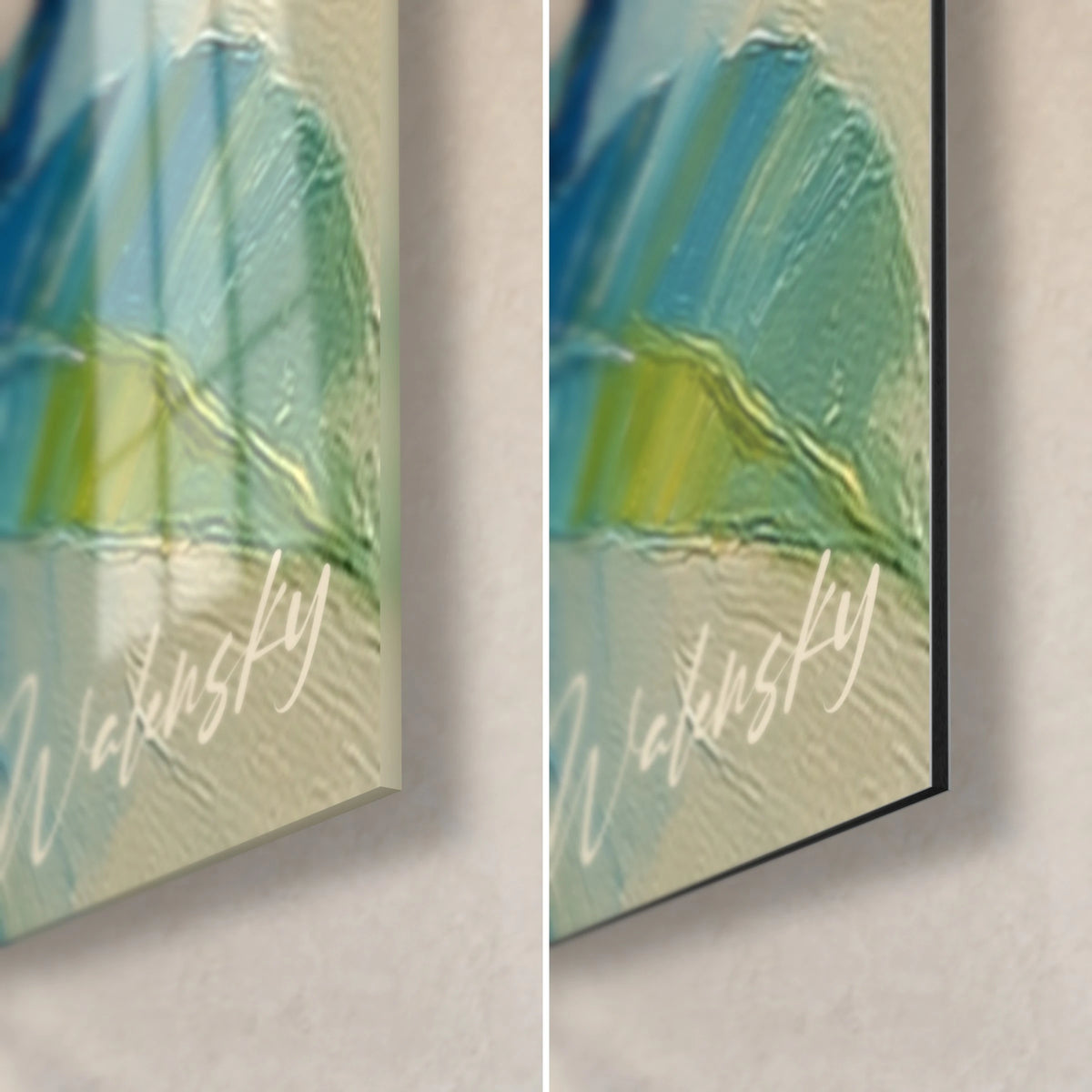 Schilderij met oranje exotische bloemen, rechtsonder: glanzend acrylglas links, mat Dibond-aluminium rechts, dikte 3 mm