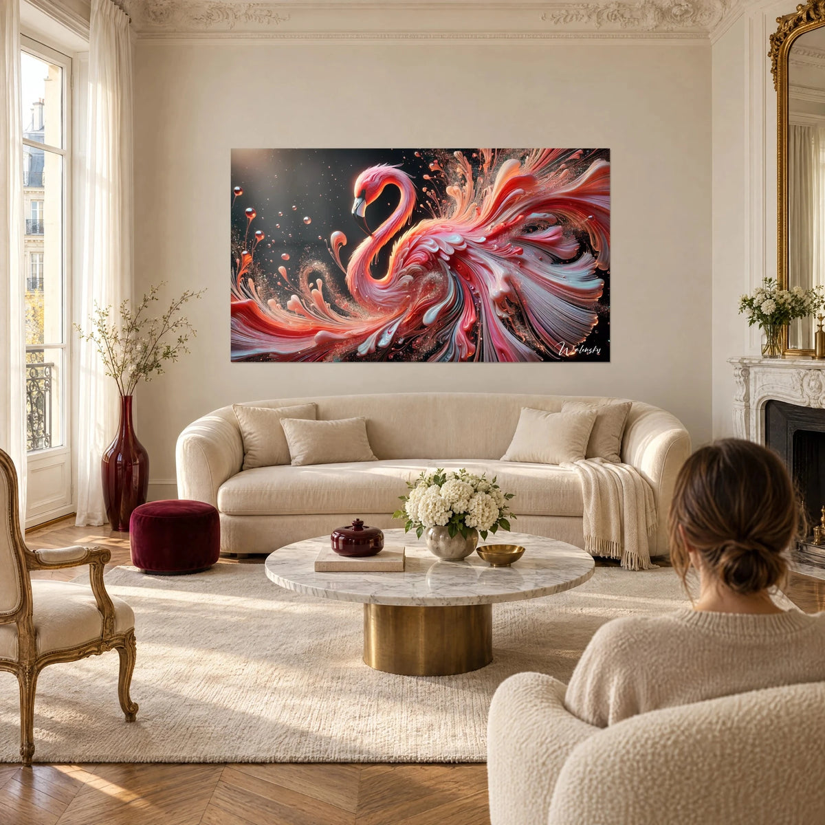 Tableau flamant rose en volutes de peinture fluide corail et blanc nacré, au-dessus d'un canapé dans un salon lumineux