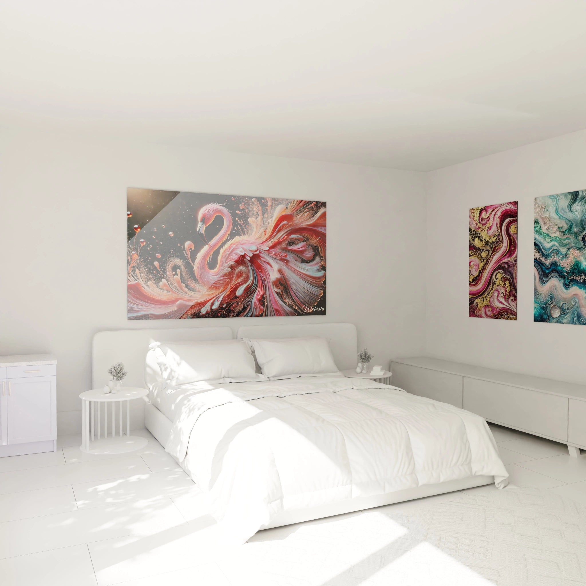 Tableau style epoxy accroché au-dessus du lit dans une chambre. Les nuances de rose, or et blanc apportent une touche élégante et sereine, créant une ambiance de rêve et de tranquillité.

