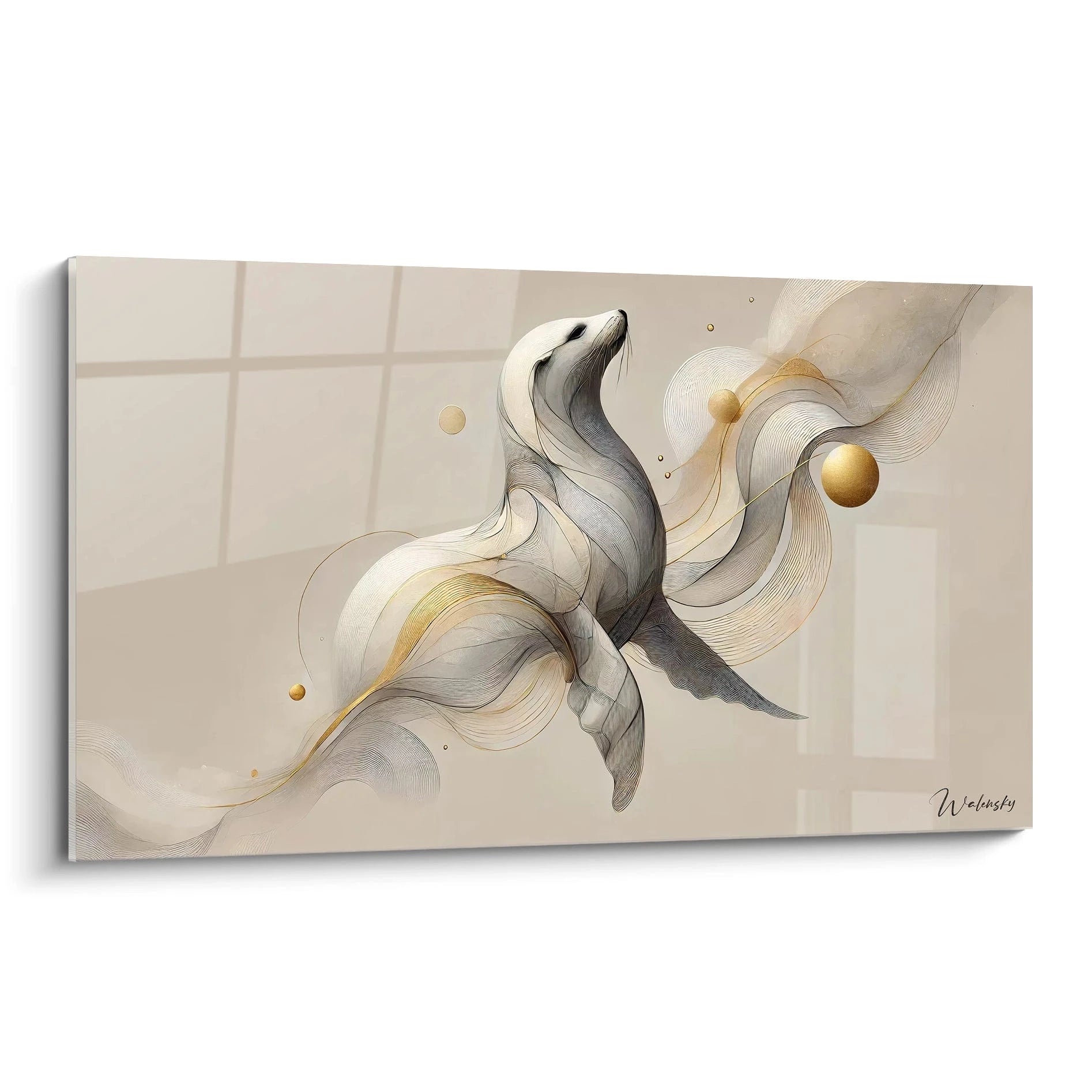 tableau phoque vue de biais capture la fluidite naturelle de cet animal marin entre abstraction et realisme des courbes delicatement dessinees evoquent son mouvement gracieux a travers les courants invisibles

