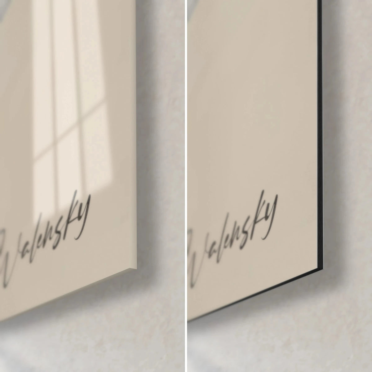 Wall art with a seal silhouette, black Walensky signature on beige: glossy acrylic glass on the left, matte Dibond aluminium on the right