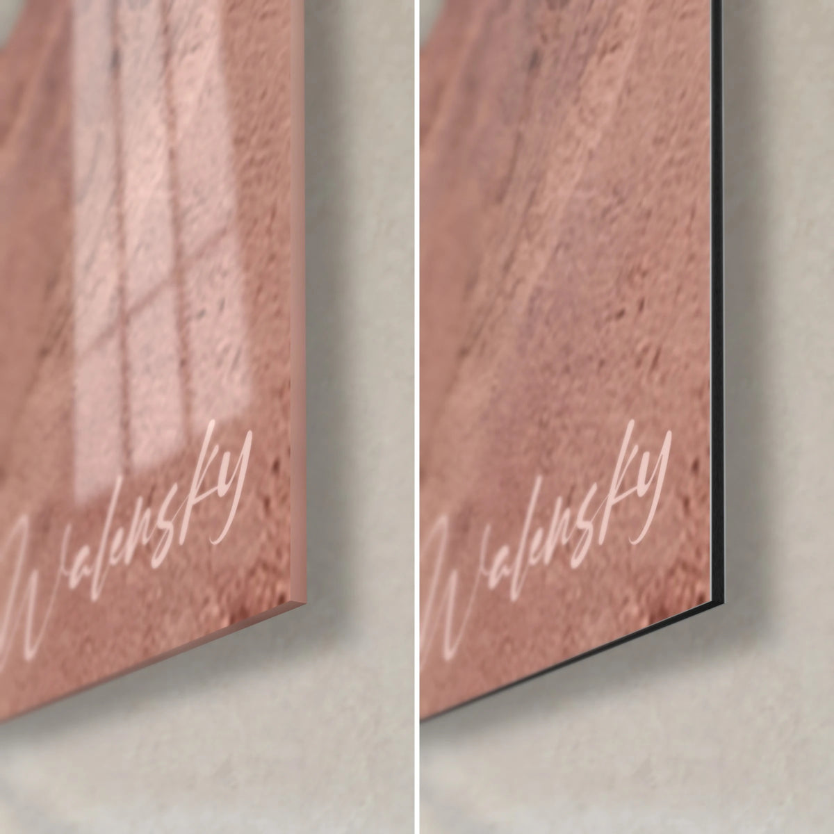 Wall art relief in rosy ochre and violet brown, bottom right corner: glossy glass on the left, matte Dibond on the right, 3 mm edge
