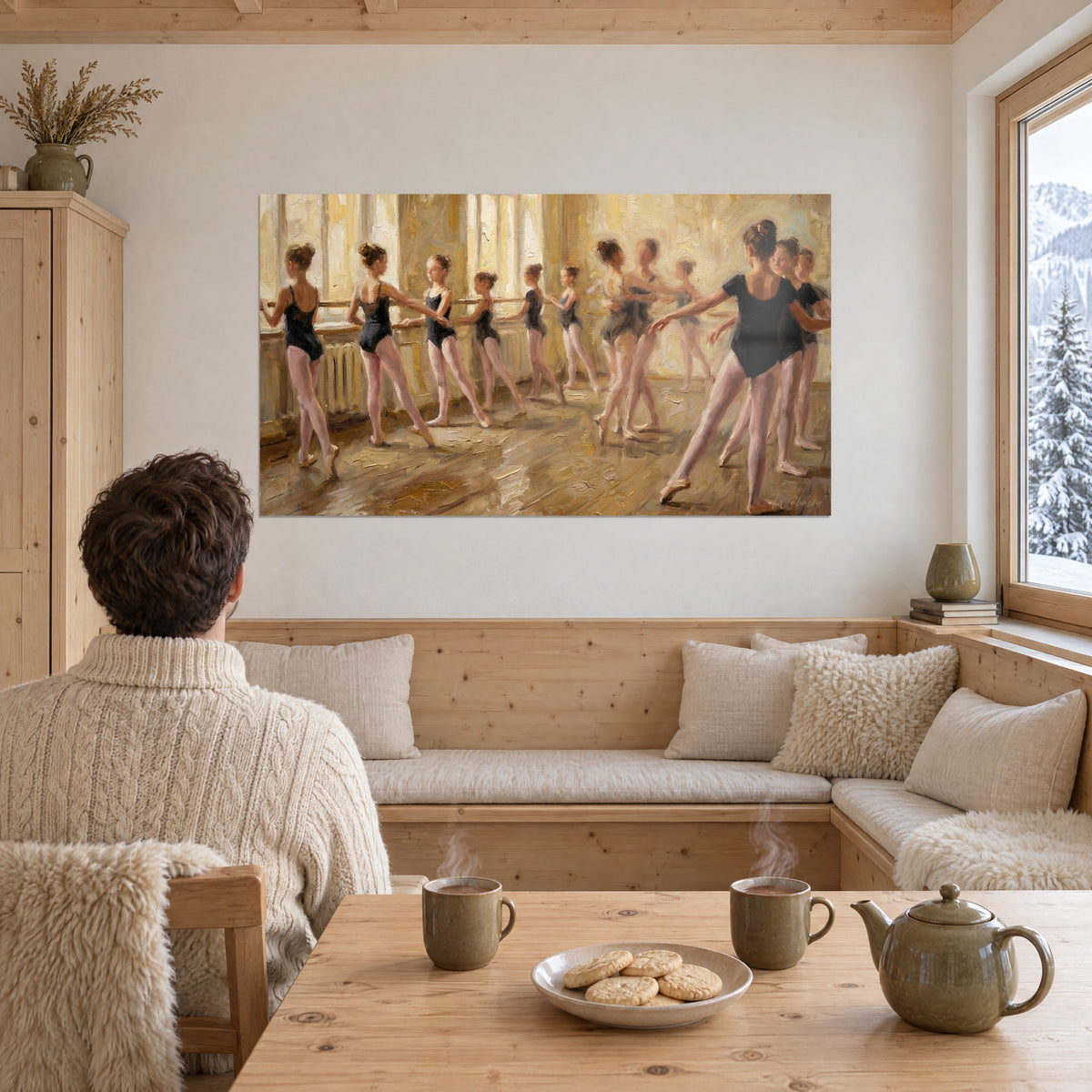 Gemälde klassische Ballettschule in Ölmalerei, Tänzerinnen in schwarzem Trikot mit Dutt, honiggelber Parkettboden, an der Wand einer Leseecke