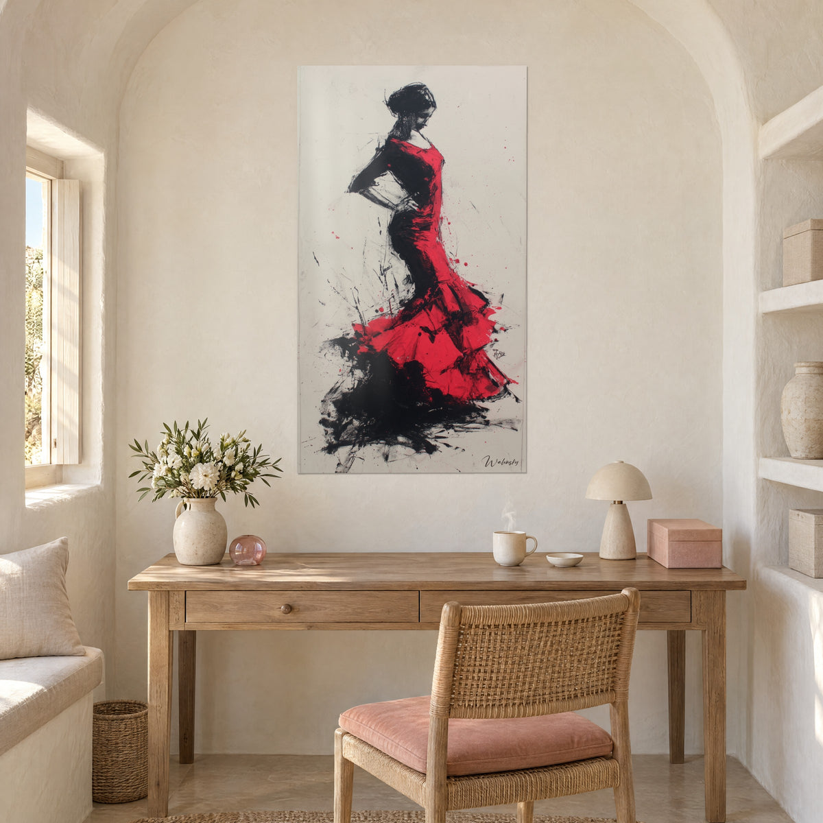 Wall art Spanish dance in cherry red and charcoal black, arched torso, curved white wall, above a light wood desk
