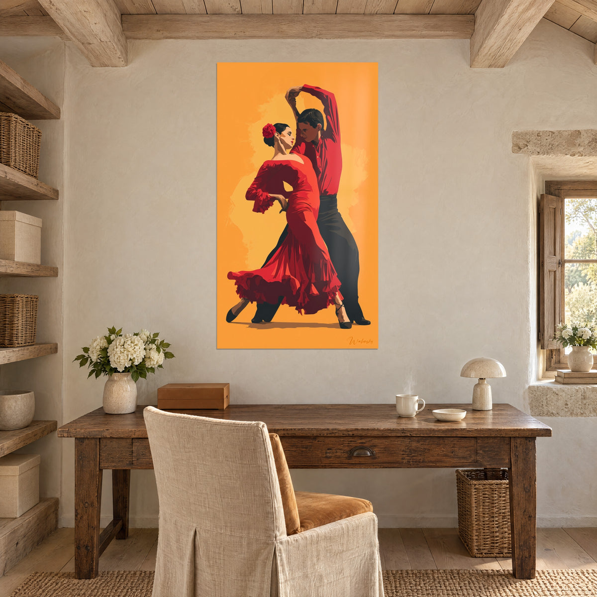 Wall art Spanish dance step, dancer leaning back in a vivid red dress and partner in black, orange background, wooden desk, white shelving