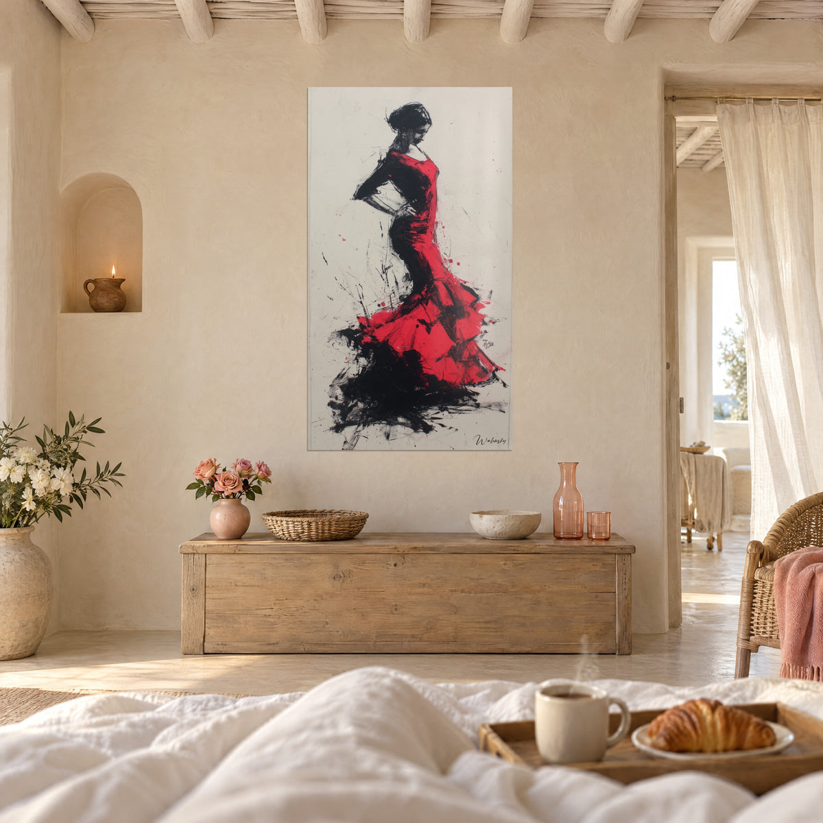 Wall art gypsy woman with a black loose bun and scarlet ruffles, free ink strokes on cream background, above a bed in a bright bedroom