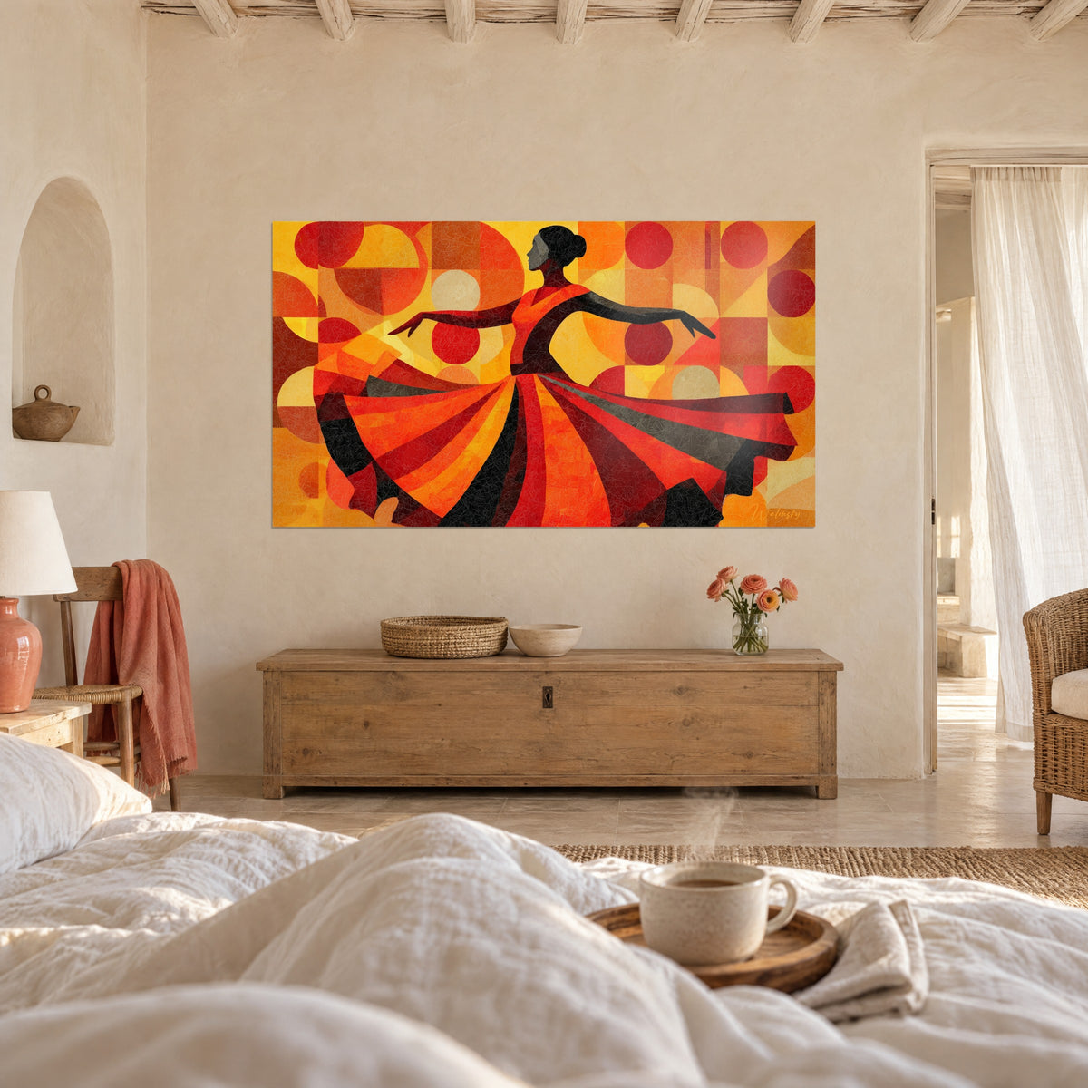 Wall art fire whirl dance, crimson and black dress on saffron yellow background, hung above a bed in a light bedroom