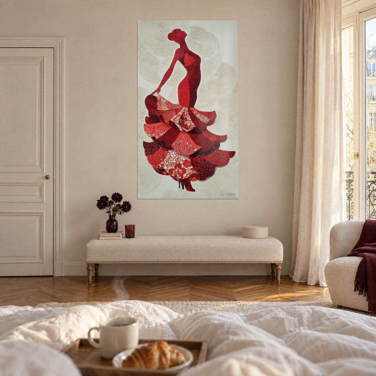 Wall art of a dark red bailaora lifting her skirt with floral ruffles, textured ivory background, above a bed in a bright bedroom