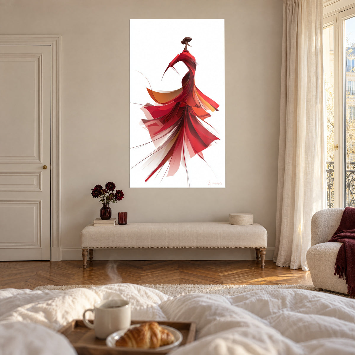 Quadro di un flamenco stilizzato con veli porpora e ambra, sfondo bianco pulito, sopra un letto in una camera luminosa