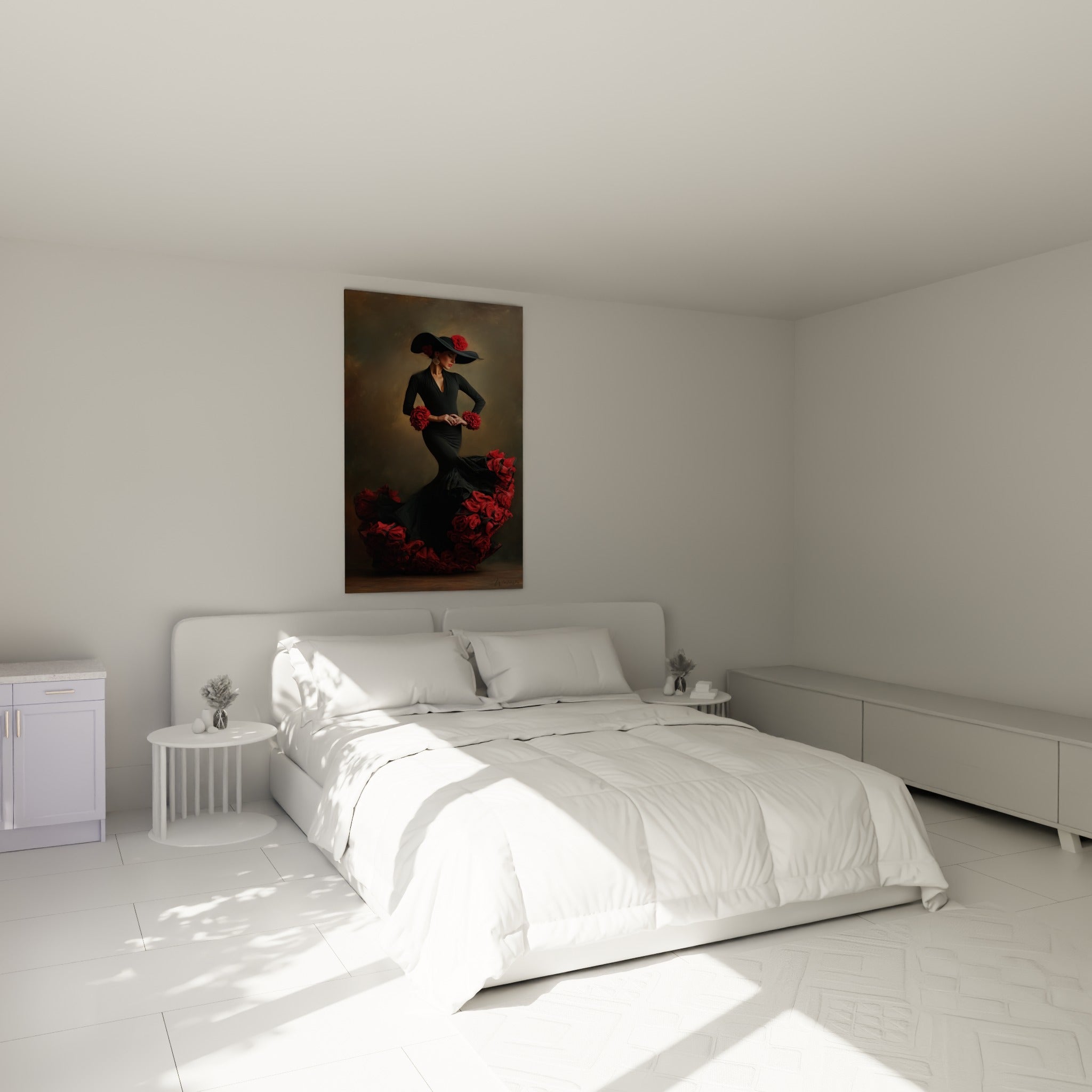 Femme en flamenco noir et rouge accrochée au-dessus d'un lit dans une chambre claire