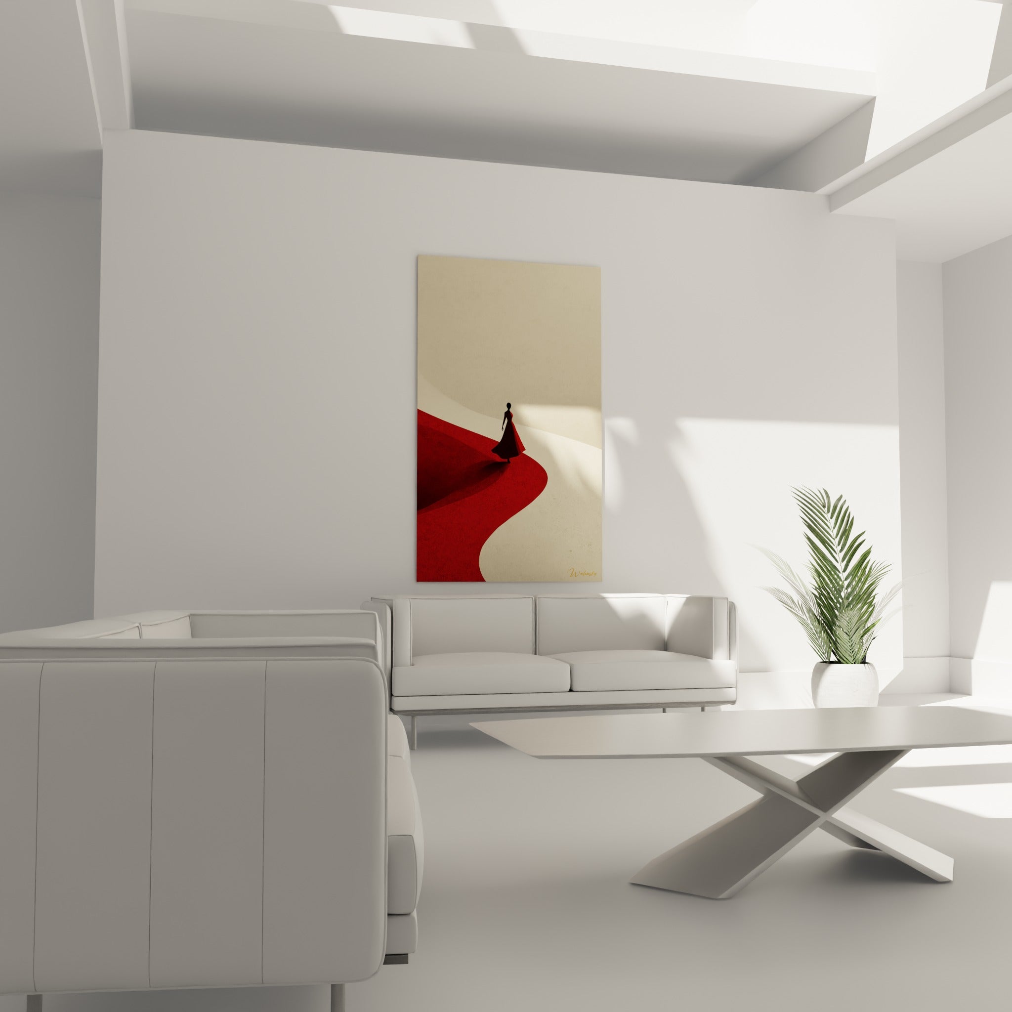 Chemin sinueux rouge et beige de la danse espagnole placé au-dessus d'un canapé dans un salon lumineux
