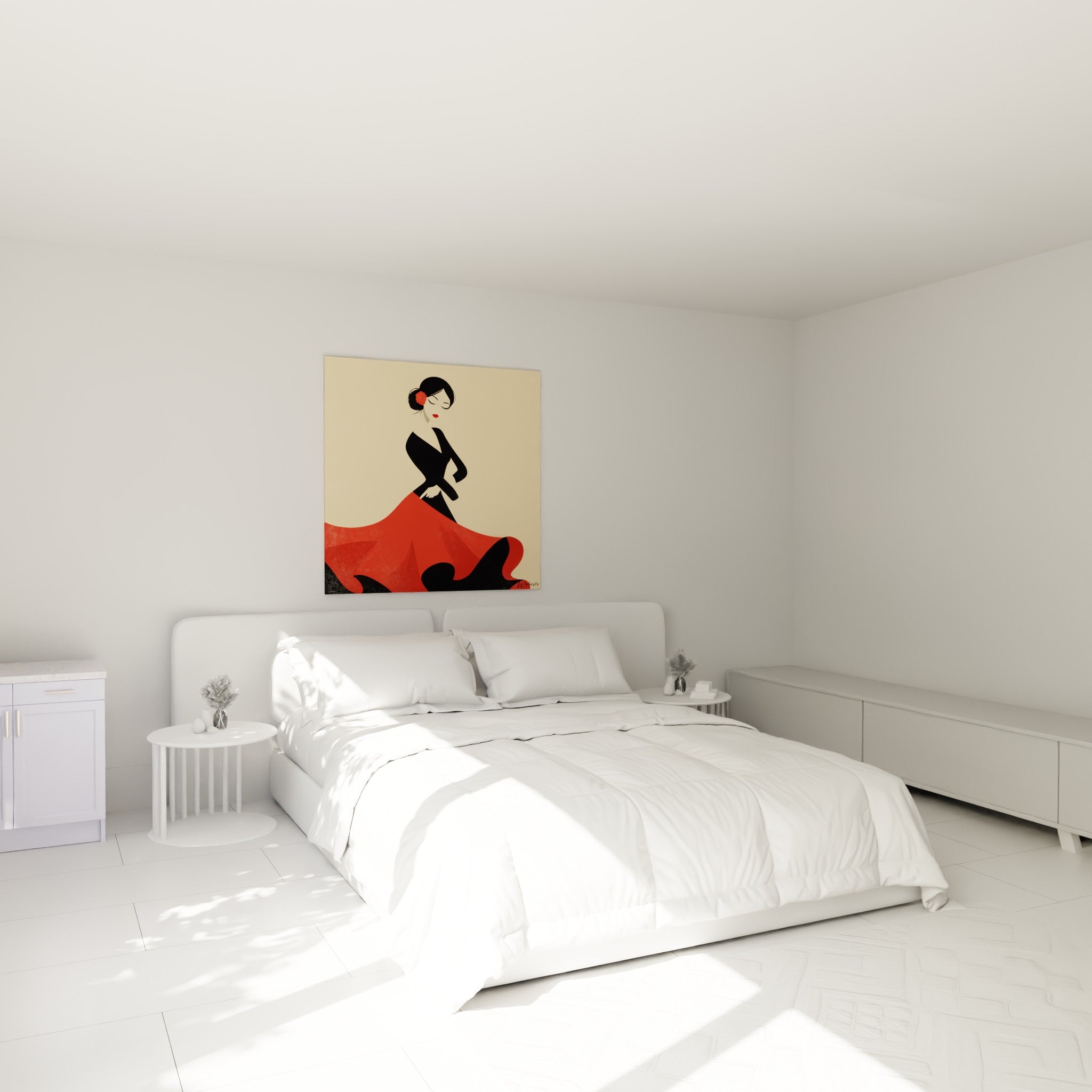 Silhouette flamenco rouge et noire, robe déployée, accrochée au-dessus d'un lit dans une chambre claire