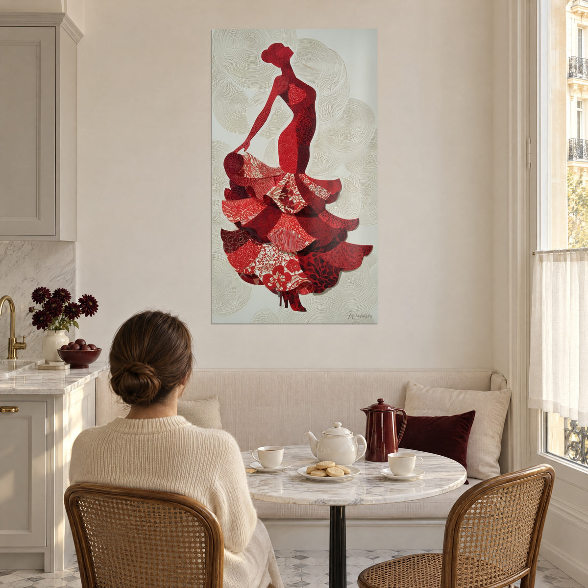 Wall art of a woman in a flamenco dress in red and white collage, raised ivory circles, Haussmann dining nook near a window