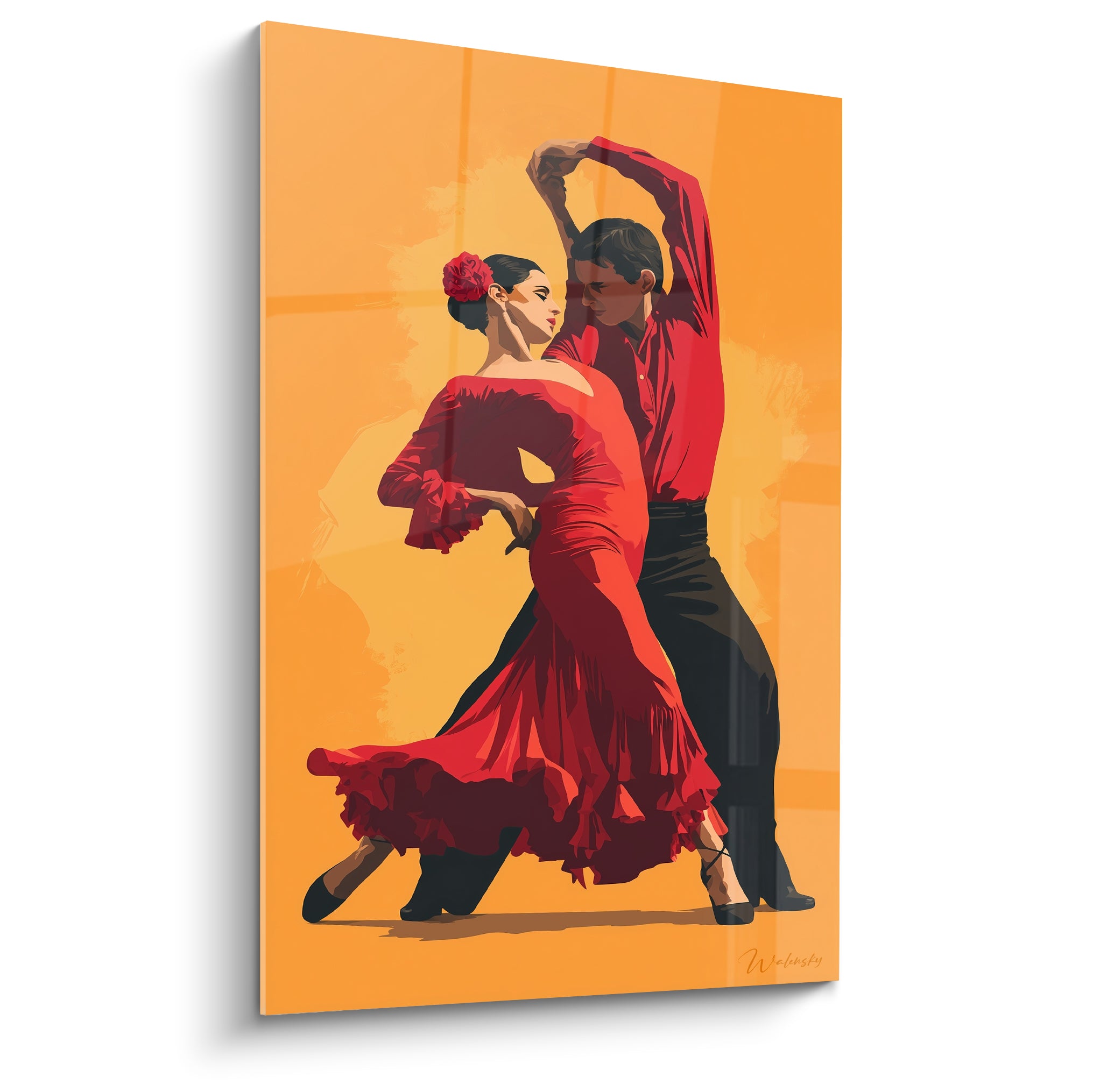 Danseurs flamenco enlacés en robe rouge et chemise cramoisie sur fond orangé dégradé