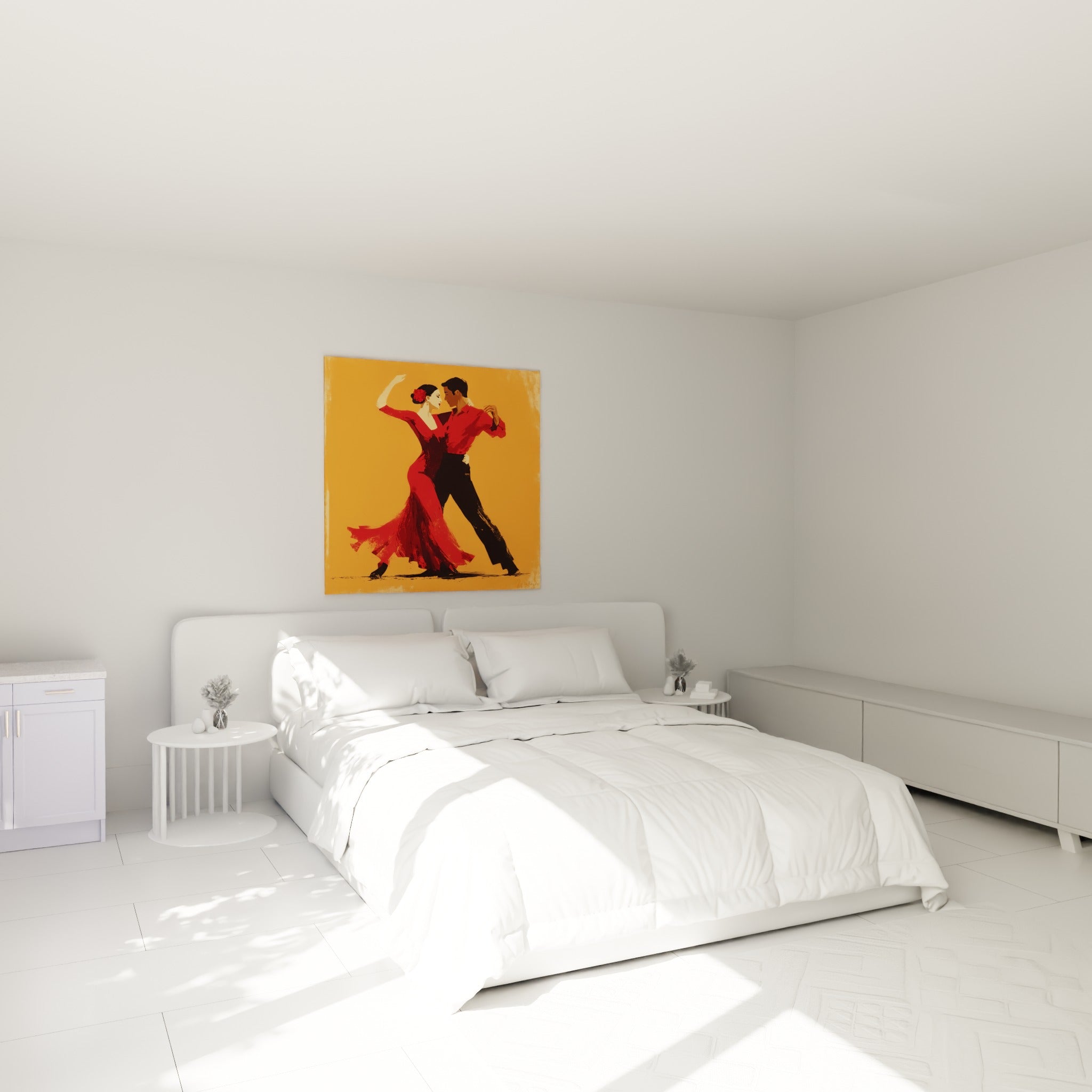 Couple de flamenco rouge et noir accroché au-dessus d'un lit dans une chambre claire