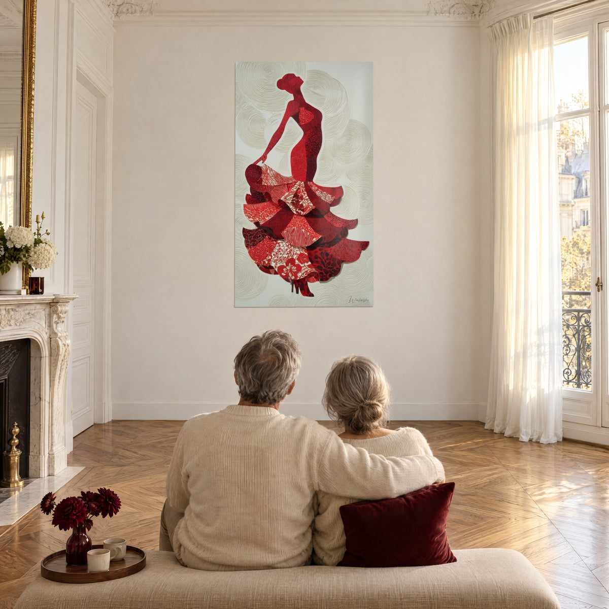 Wall art of a flamenco dancer in purple red and off-white, floral-patterned ruffled skirt, bright Haussmann living room with parquet flooring
