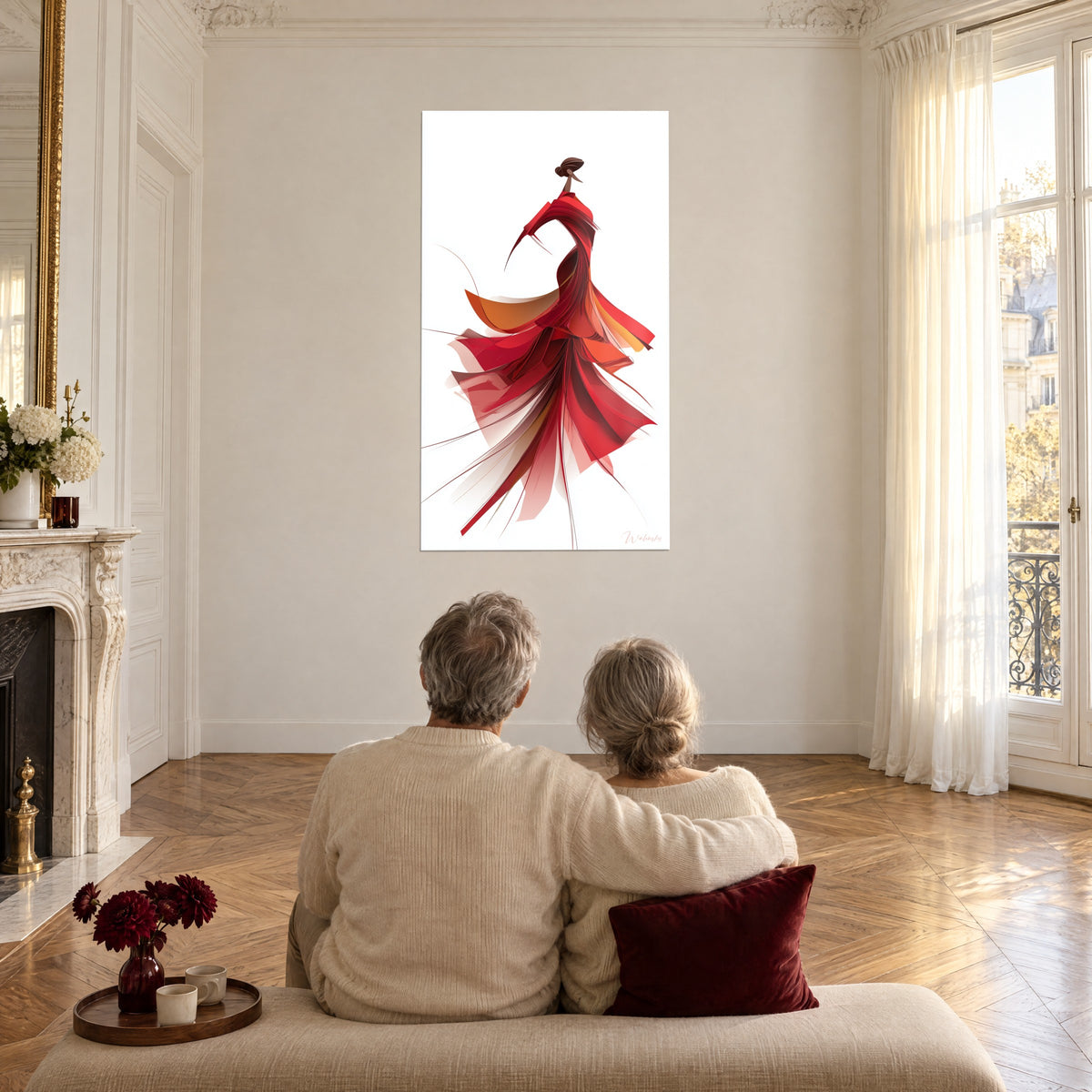 Quadro di danza spagnola in volute granata e arancio su sfondo bianco, di fronte a una coppia di spalle in un salotto haussmanniano