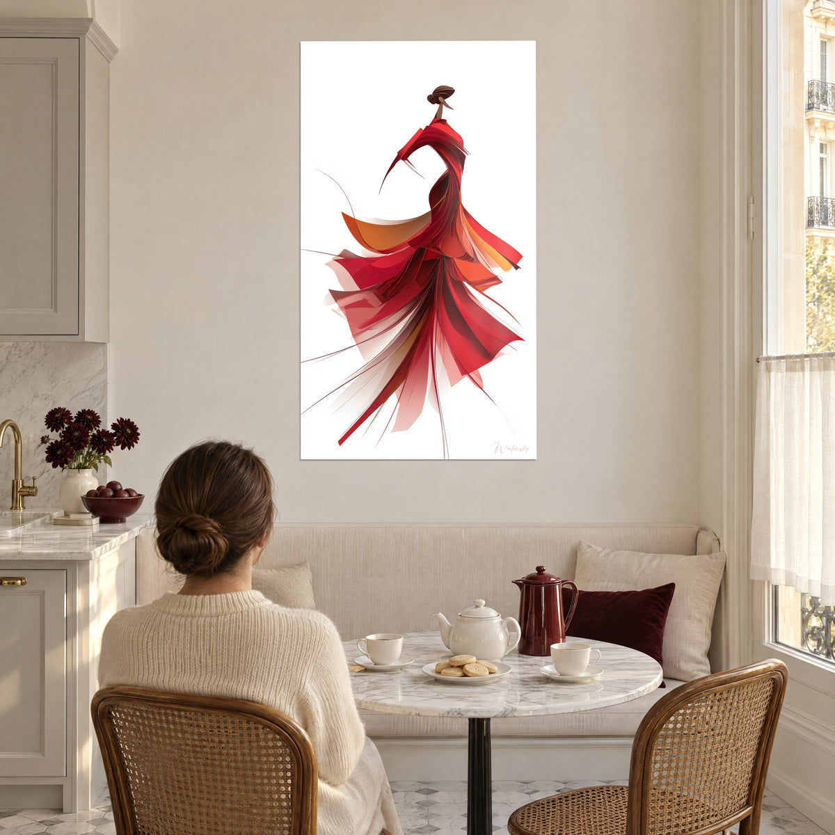 Quadro di una ballerina con gonne rosso ciliegia e zafferano, chignon castano, in una cucina haussmanniana vicino a un angolo pranzo