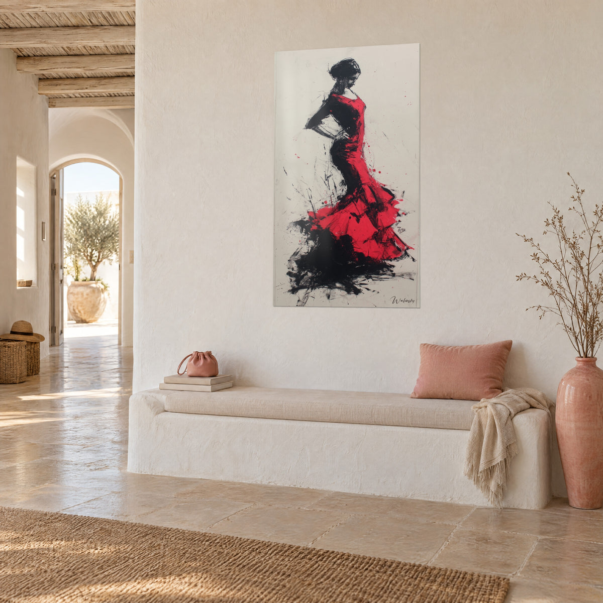 Wall art arched flamenco dancer with carmine ruffles on ivory background, black charcoal strokes, hanging in the white hallway of a Mediterranean home